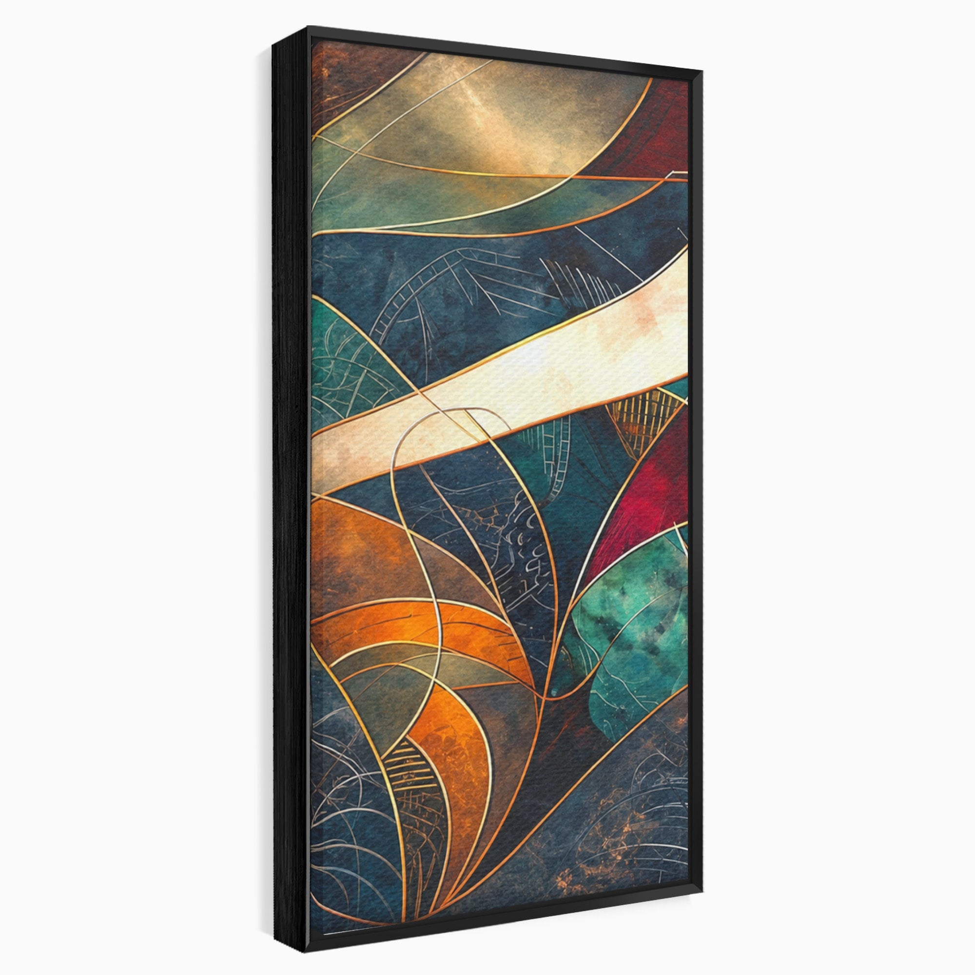 Set 3 Tablouri Canvas Premium LuxCanva® C3-1277, Intre nervuri de foc, Geometrie, Auriu, Rosu, Abstract, Linii, Profunzime, Simetrie, Circular, Spatiu, Forma, Templu, Expozitie, Birou, Living, Dormitor