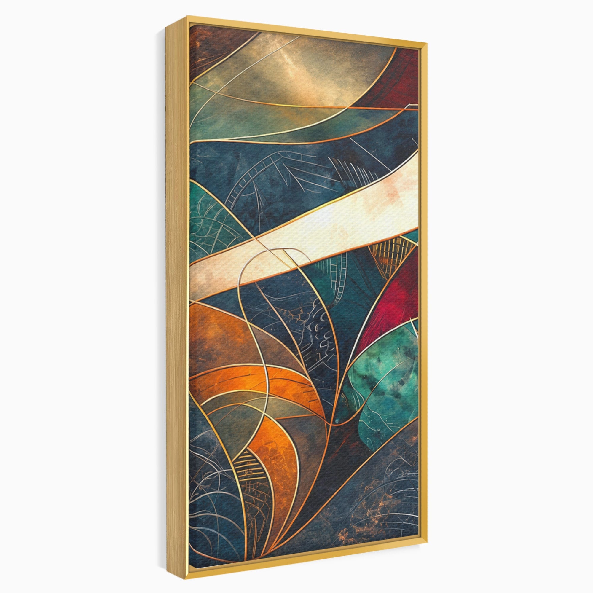 Set 3 Tablouri Canvas Premium LuxCanva® C3-1277, Intre nervuri de foc, Geometrie, Auriu, Rosu, Abstract, Linii, Profunzime, Simetrie, Circular, Spatiu, Forma, Templu, Expozitie, Birou, Living, Dormitor