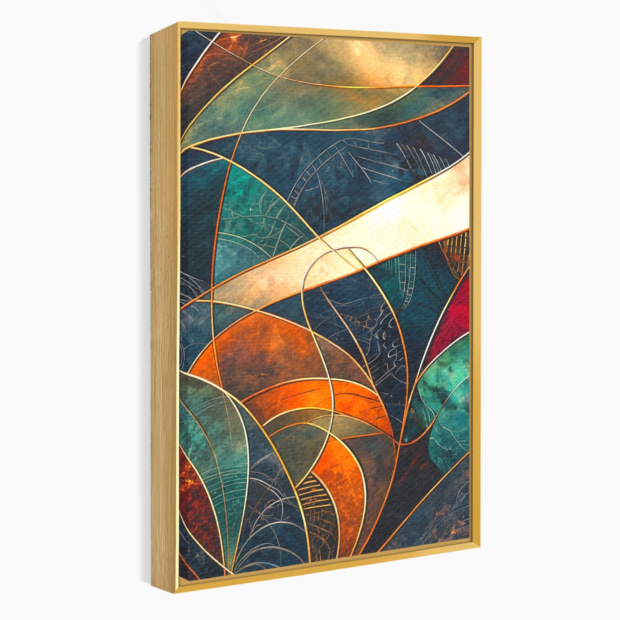 Set 3 Tablouri Canvas Premium LuxCanva® C3-1277, Intre nervuri de foc, Geometrie, Auriu, Rosu, Abstract, Linii, Profunzime, Simetrie, Circular, Spatiu, Forma, Templu, Expozitie, Birou, Living, Dormitor