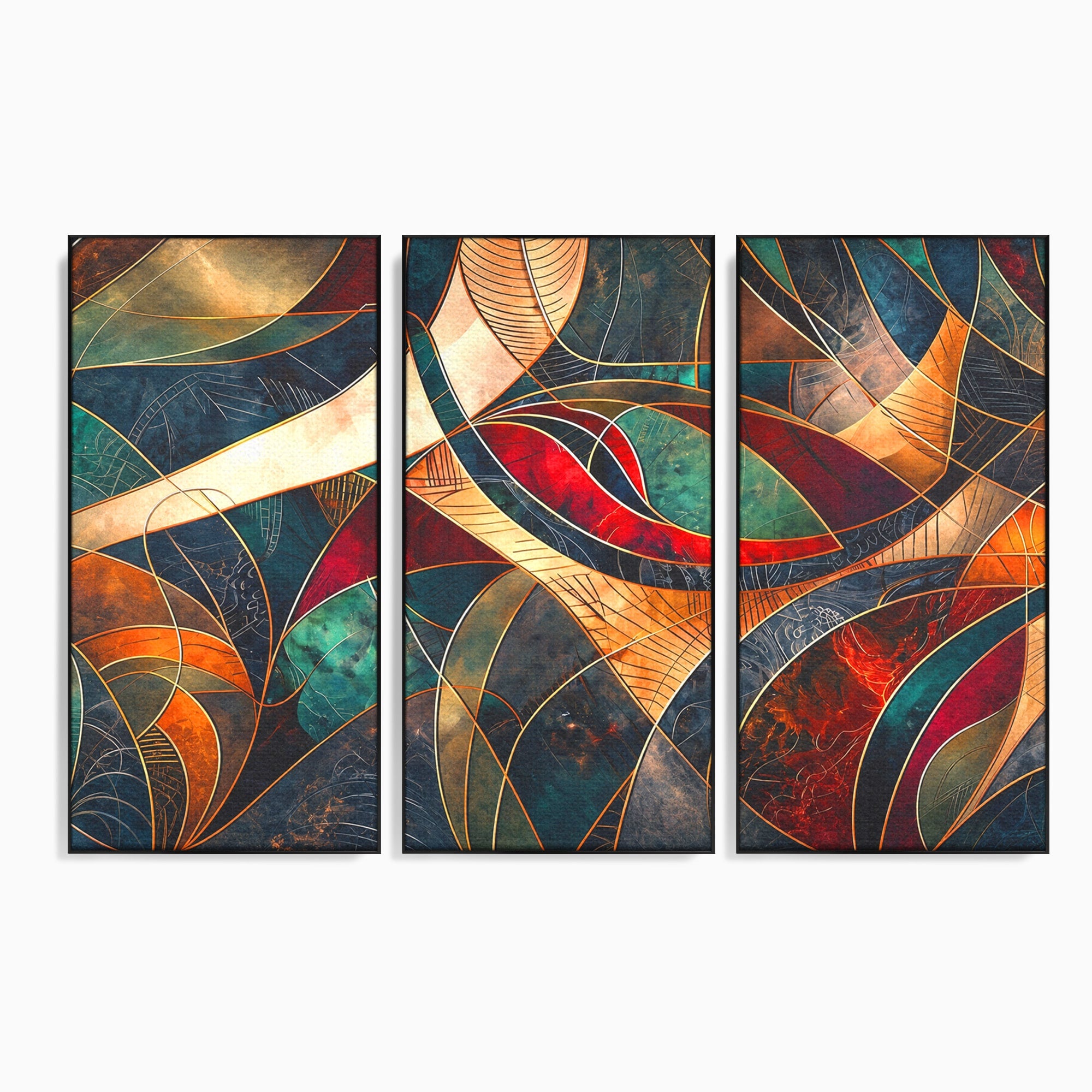 Set 3 Tablouri Canvas Premium LuxCanva® C3-1277, Intre nervuri de foc, Geometrie, Auriu, Rosu, Abstract, Linii, Profunzime, Simetrie, Circular, Spatiu, Forma, Templu, Expozitie, Birou, Living, Dormitor