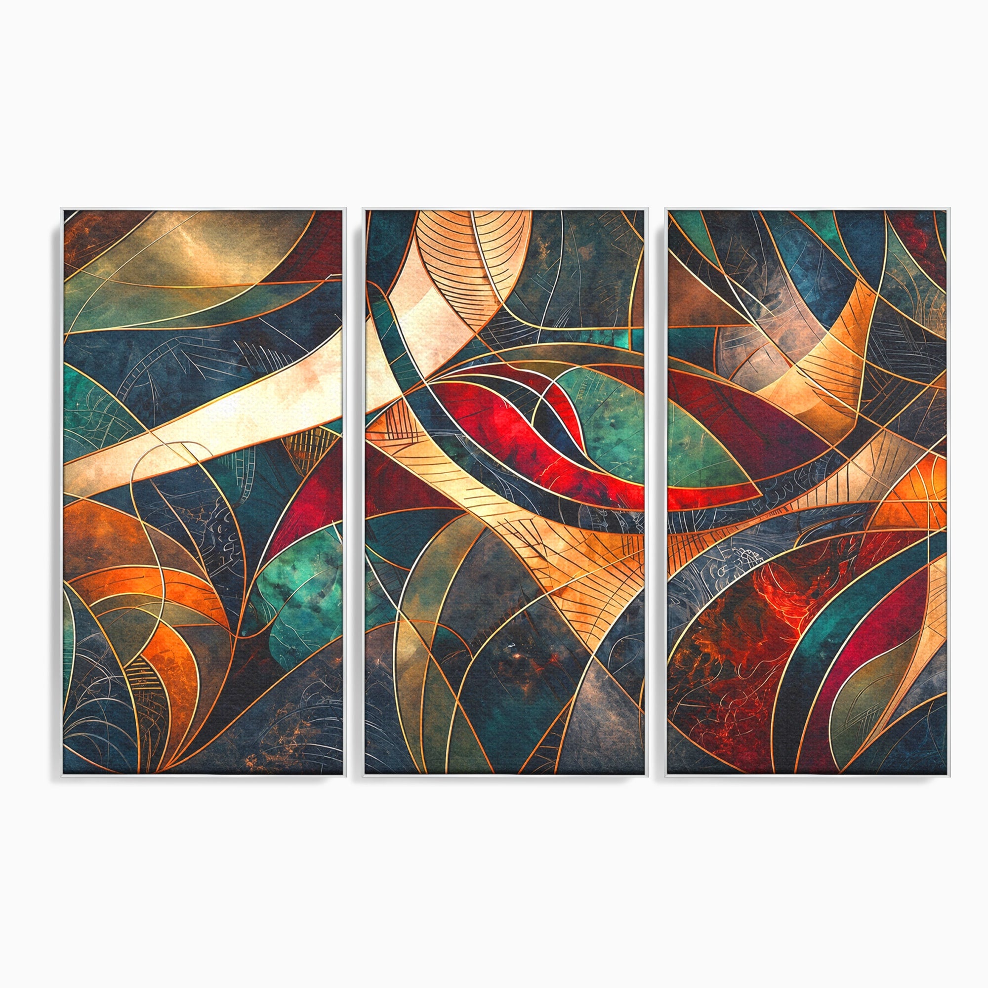 Set 3 Tablouri Canvas Premium LuxCanva® C3-1277, Intre nervuri de foc, Geometrie, Auriu, Rosu, Abstract, Linii, Profunzime, Simetrie, Circular, Spatiu, Forma, Templu, Expozitie, Birou, Living, Dormitor