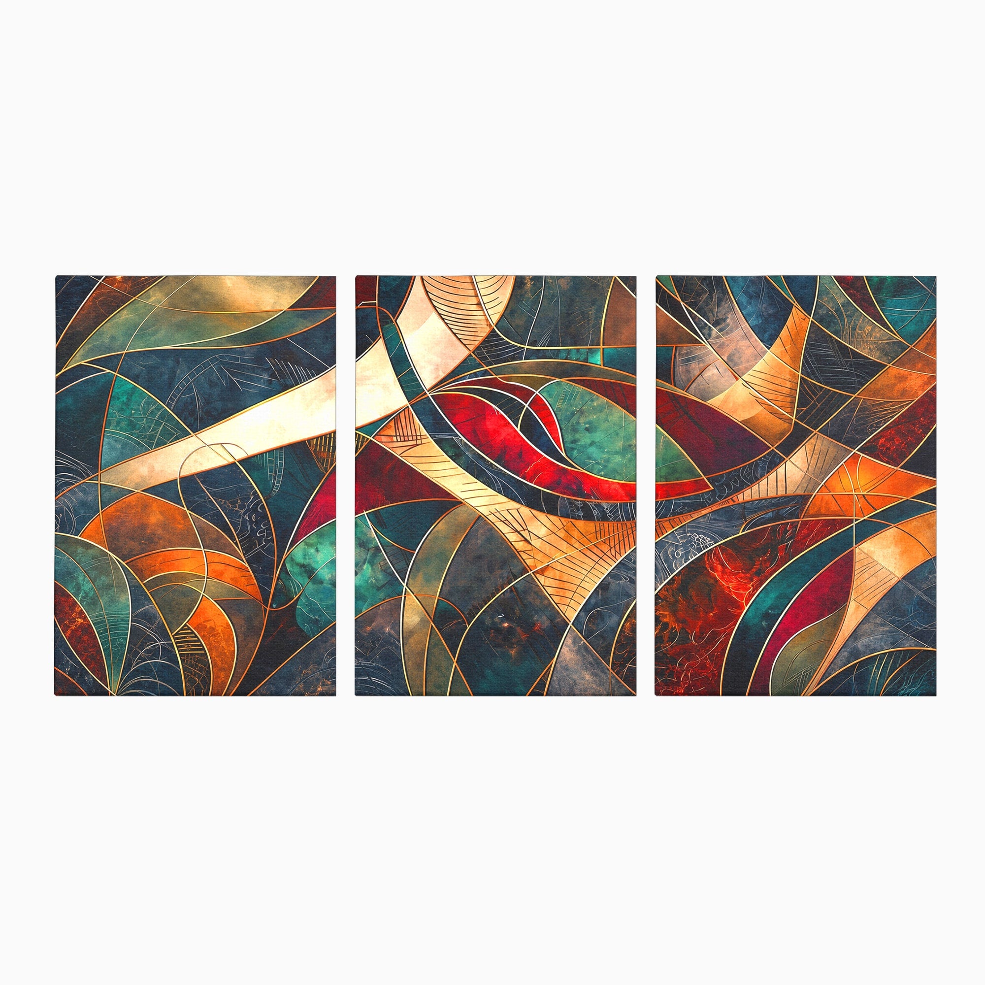 Set 3 Tablouri Canvas Premium LuxCanva® C3-1277, Intre nervuri de foc, Geometrie, Auriu, Rosu, Abstract, Linii, Profunzime, Simetrie, Circular, Spatiu, Forma, Templu, Expozitie, Birou, Living, Dormitor