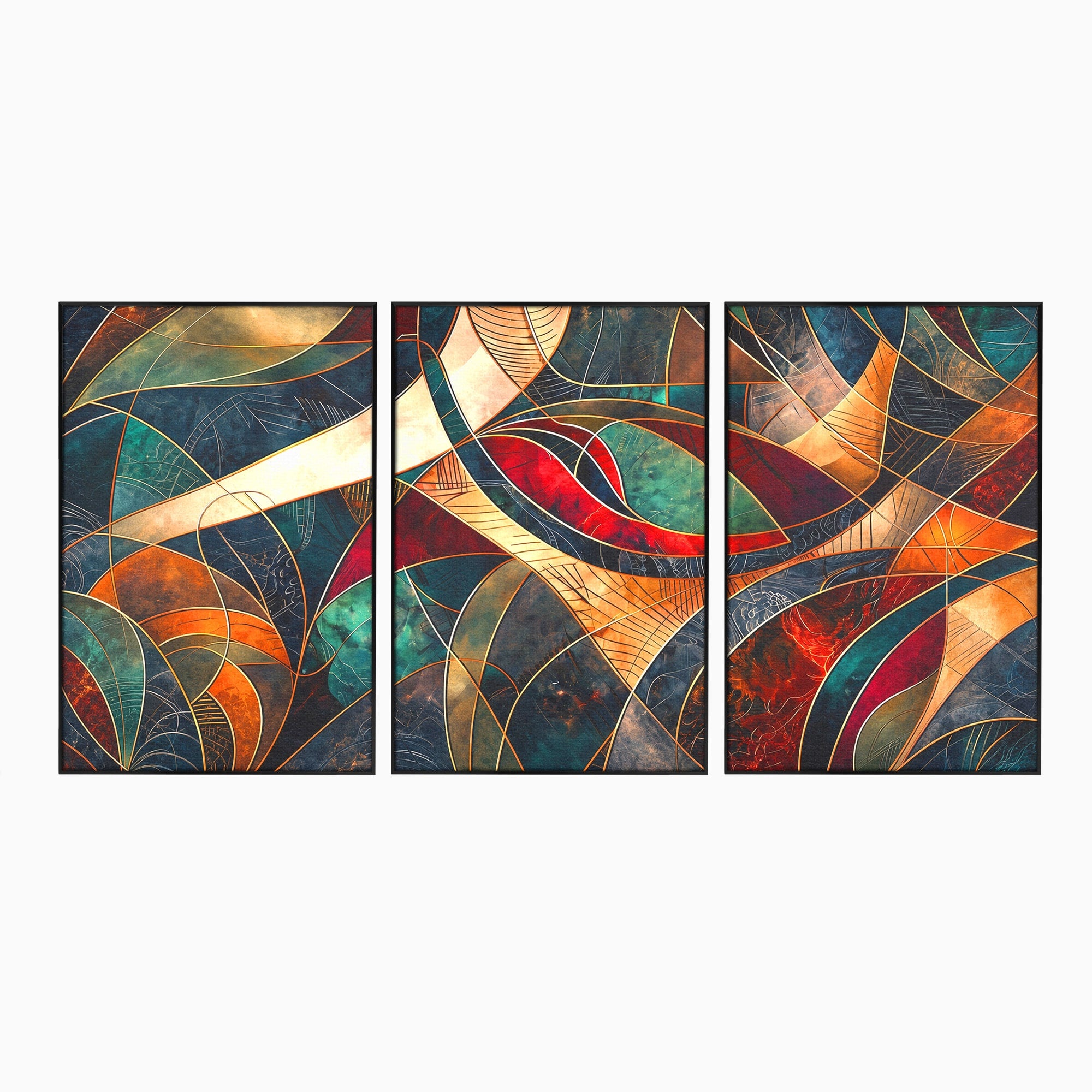 Set 3 Tablouri Canvas Premium LuxCanva® C3-1277, Intre nervuri de foc, Geometrie, Auriu, Rosu, Abstract, Linii, Profunzime, Simetrie, Circular, Spatiu, Forma, Templu, Expozitie, Birou, Living, Dormitor