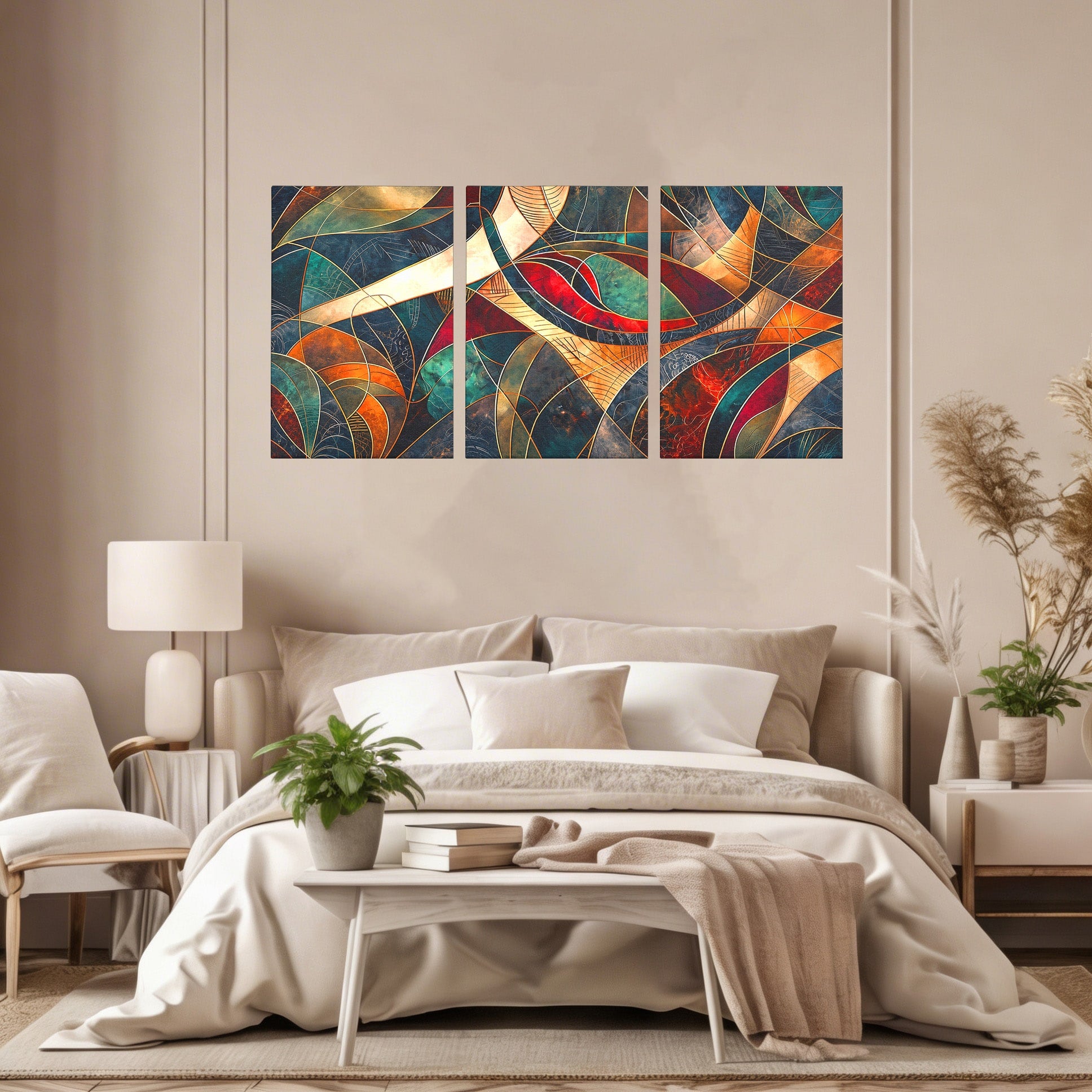 Set 3 Tablouri Canvas Premium LuxCanva® C3-1277, Intre nervuri de foc, Geometrie, Auriu, Rosu, Abstract, Linii, Profunzime, Simetrie, Circular, Spatiu, Forma, Templu, Expozitie, Birou, Living, Dormitor