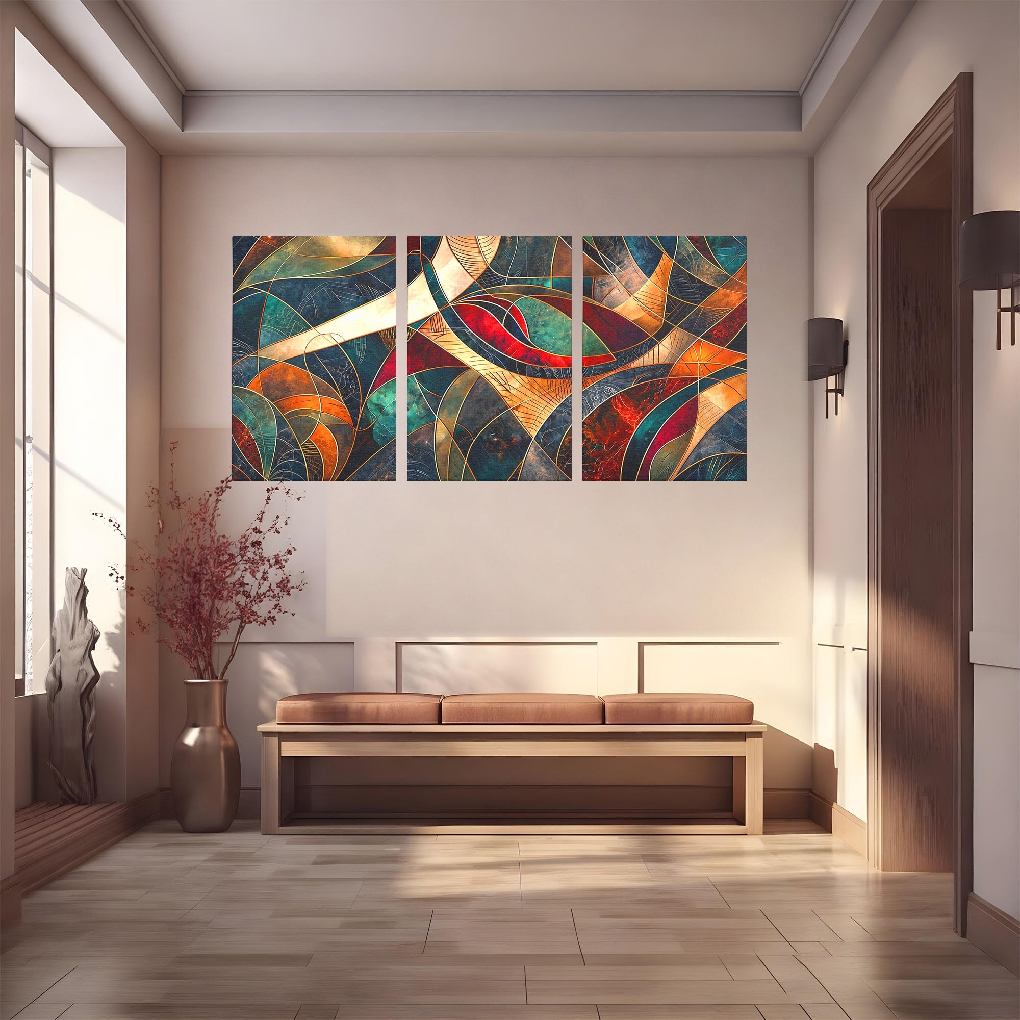 Set 3 Tablouri Canvas Premium LuxCanva® C3-1277, Intre nervuri de foc, Geometrie, Auriu, Rosu, Abstract, Linii, Profunzime, Simetrie, Circular, Spatiu, Forma, Templu, Expozitie, Birou, Living, Dormitor
