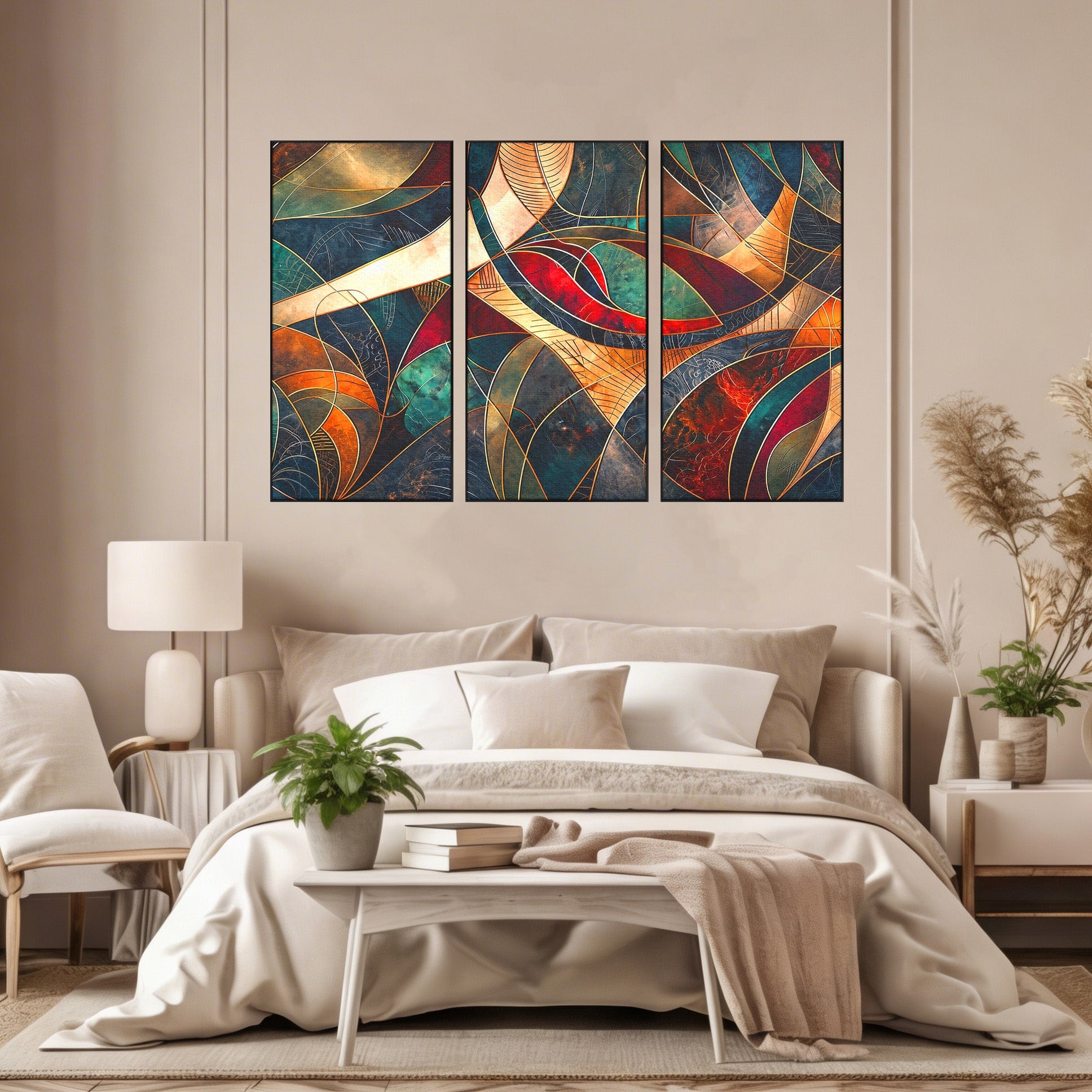 Set 3 Tablouri Canvas Premium LuxCanva® C3-1277, Intre nervuri de foc, Geometrie, Auriu, Rosu, Abstract, Linii, Profunzime, Simetrie, Circular, Spatiu, Forma, Templu, Expozitie, Birou, Living, Dormitor