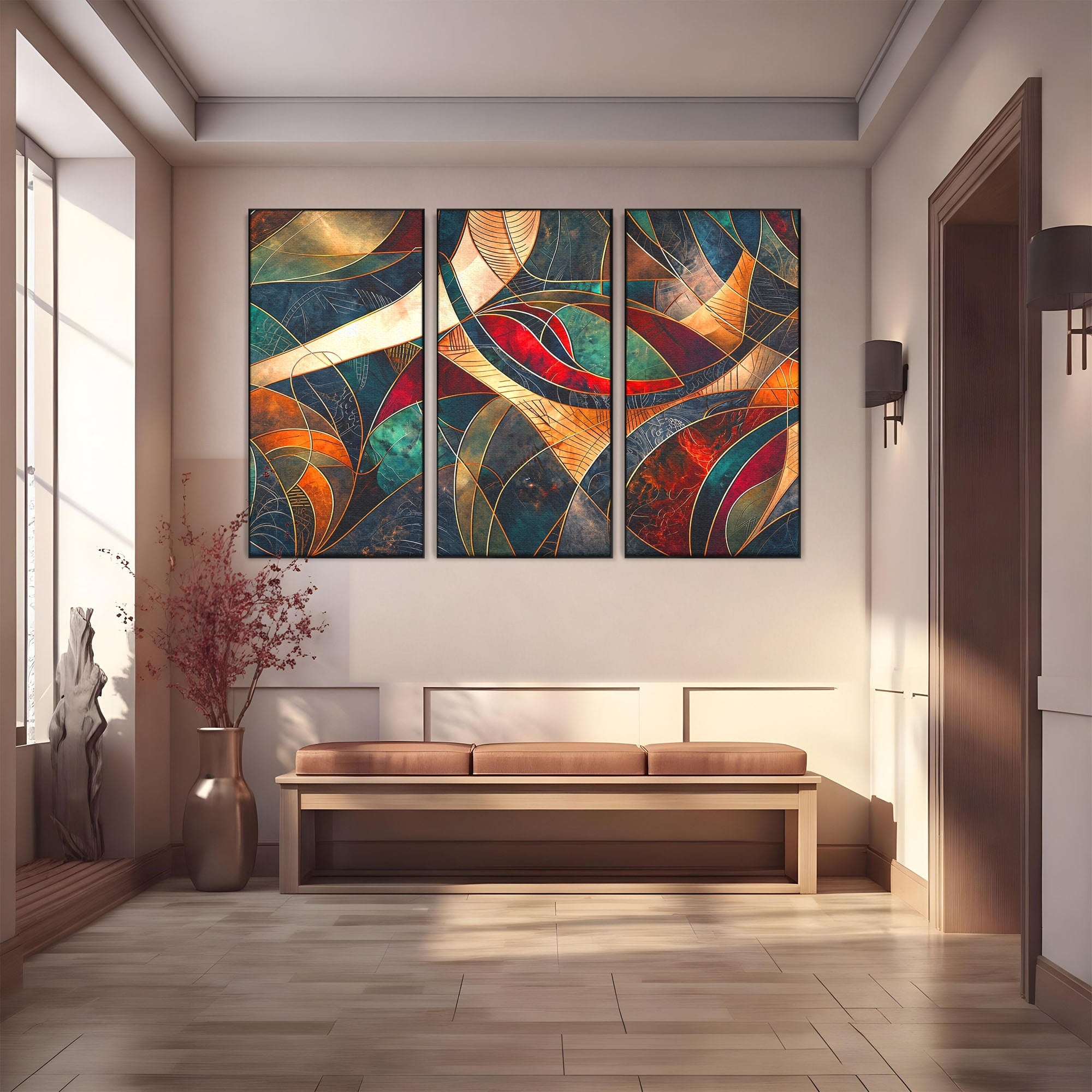Set 3 Tablouri Canvas Premium LuxCanva® C3-1277, Intre nervuri de foc, Geometrie, Auriu, Rosu, Abstract, Linii, Profunzime, Simetrie, Circular, Spatiu, Forma, Templu, Expozitie, Birou, Living, Dormitor