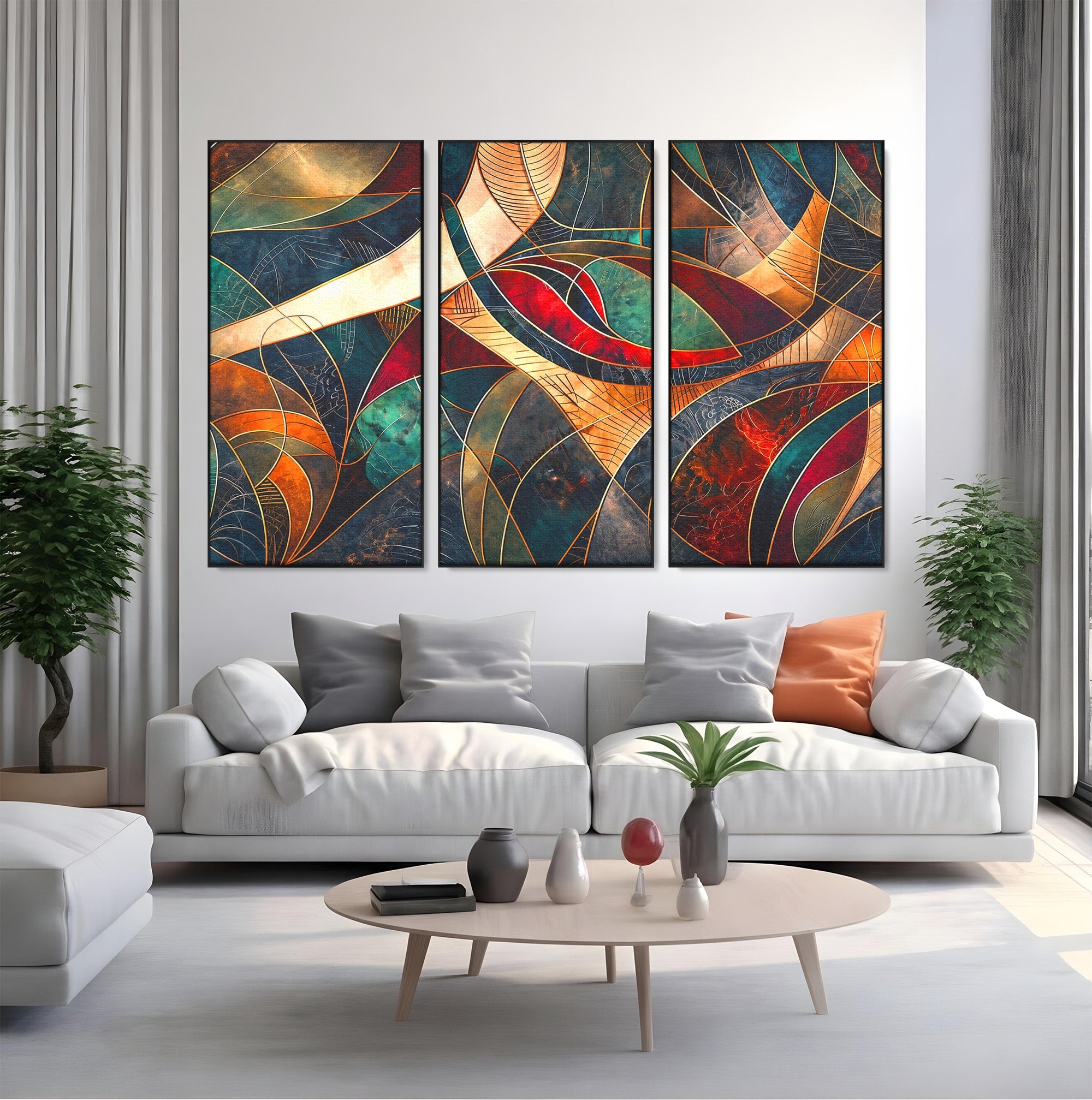 Set 3 Tablouri Canvas Premium LuxCanva® C3-1277, Intre nervuri de foc, Geometrie, Auriu, Rosu, Abstract, Linii, Profunzime, Simetrie, Circular, Spatiu, Forma, Templu, Expozitie, Birou, Living, Dormitor