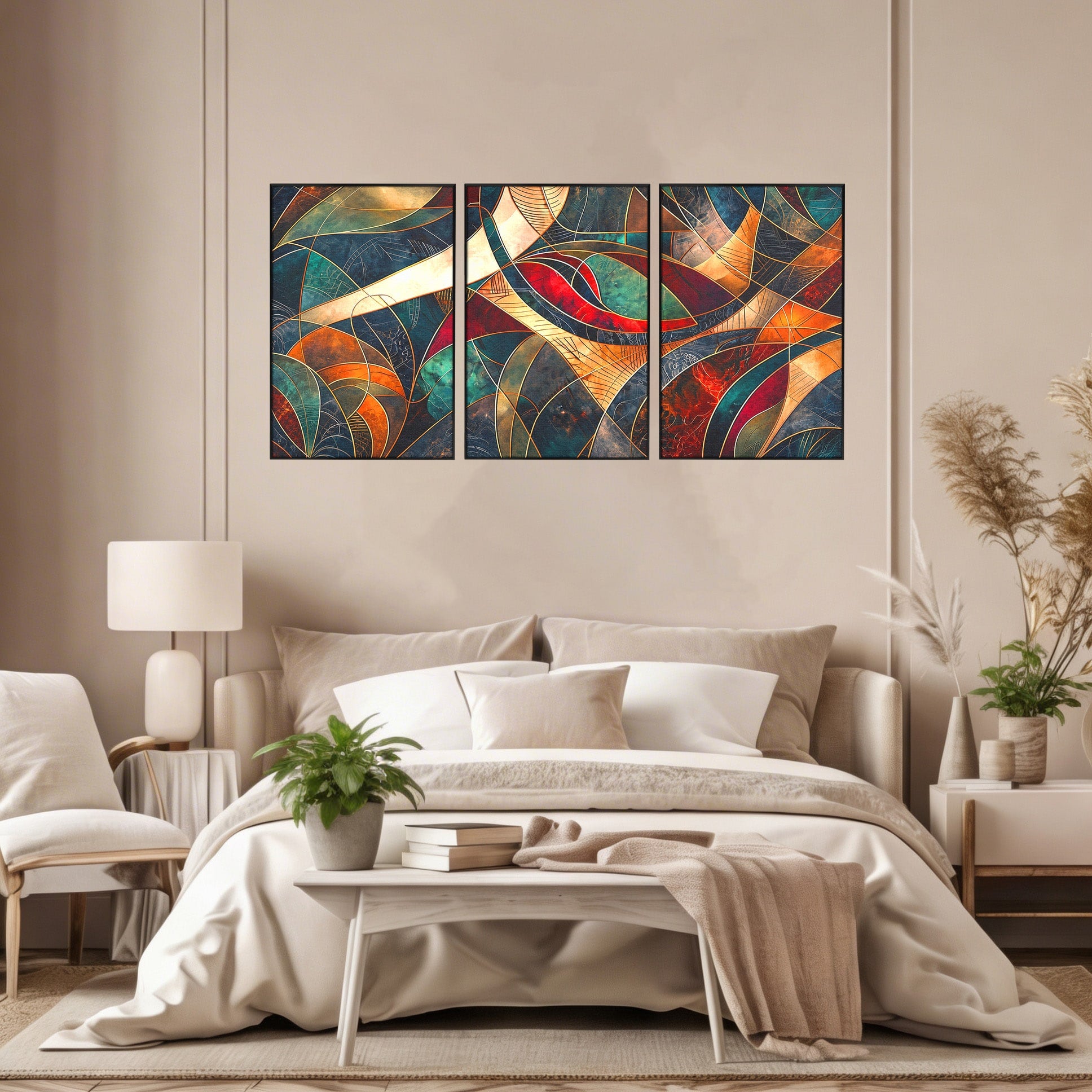 Set 3 Tablouri Canvas Premium LuxCanva® C3-1277, Intre nervuri de foc, Geometrie, Auriu, Rosu, Abstract, Linii, Profunzime, Simetrie, Circular, Spatiu, Forma, Templu, Expozitie, Birou, Living, Dormitor