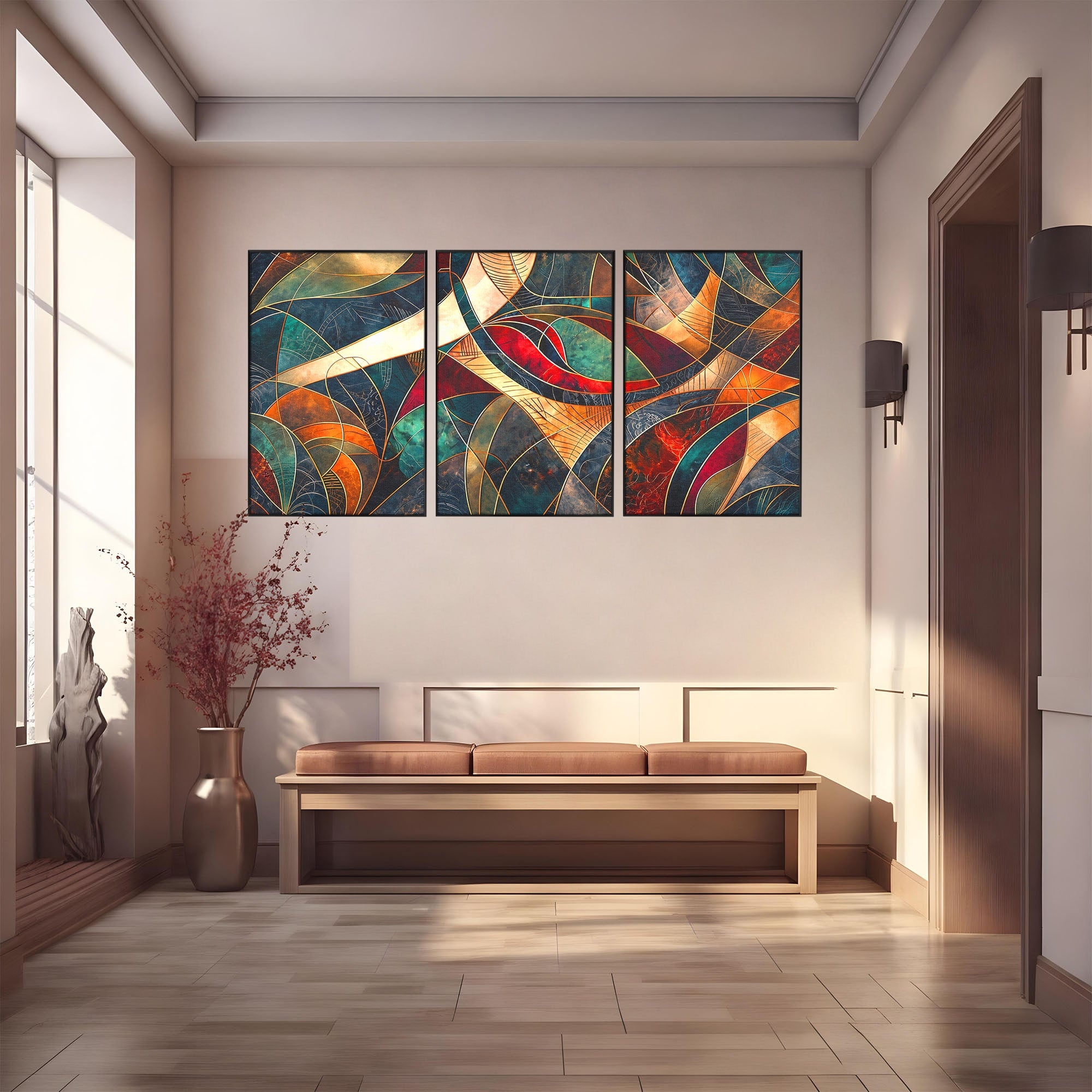 Set 3 Tablouri Canvas Premium LuxCanva® C3-1277, Intre nervuri de foc, Geometrie, Auriu, Rosu, Abstract, Linii, Profunzime, Simetrie, Circular, Spatiu, Forma, Templu, Expozitie, Birou, Living, Dormitor