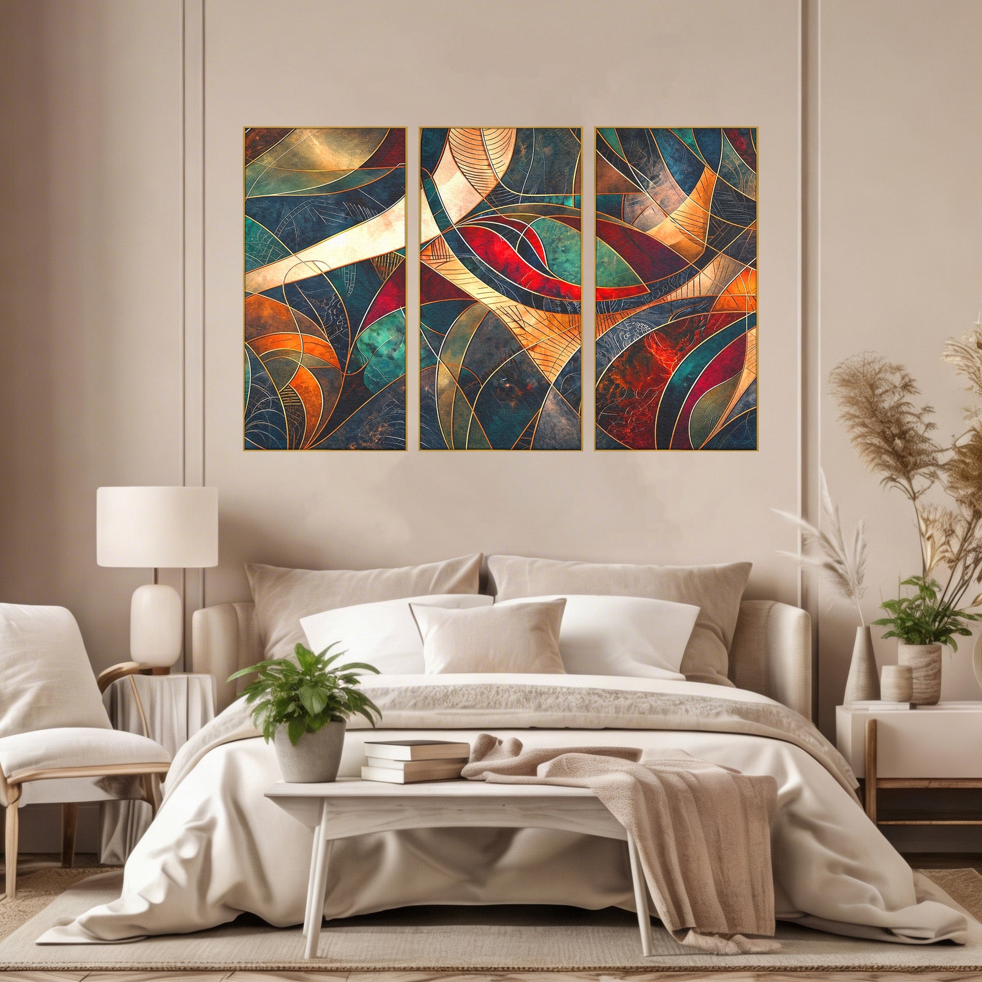 Set 3 Tablouri Canvas Premium LuxCanva® C3-1277, Intre nervuri de foc, Geometrie, Auriu, Rosu, Abstract, Linii, Profunzime, Simetrie, Circular, Spatiu, Forma, Templu, Expozitie, Birou, Living, Dormitor