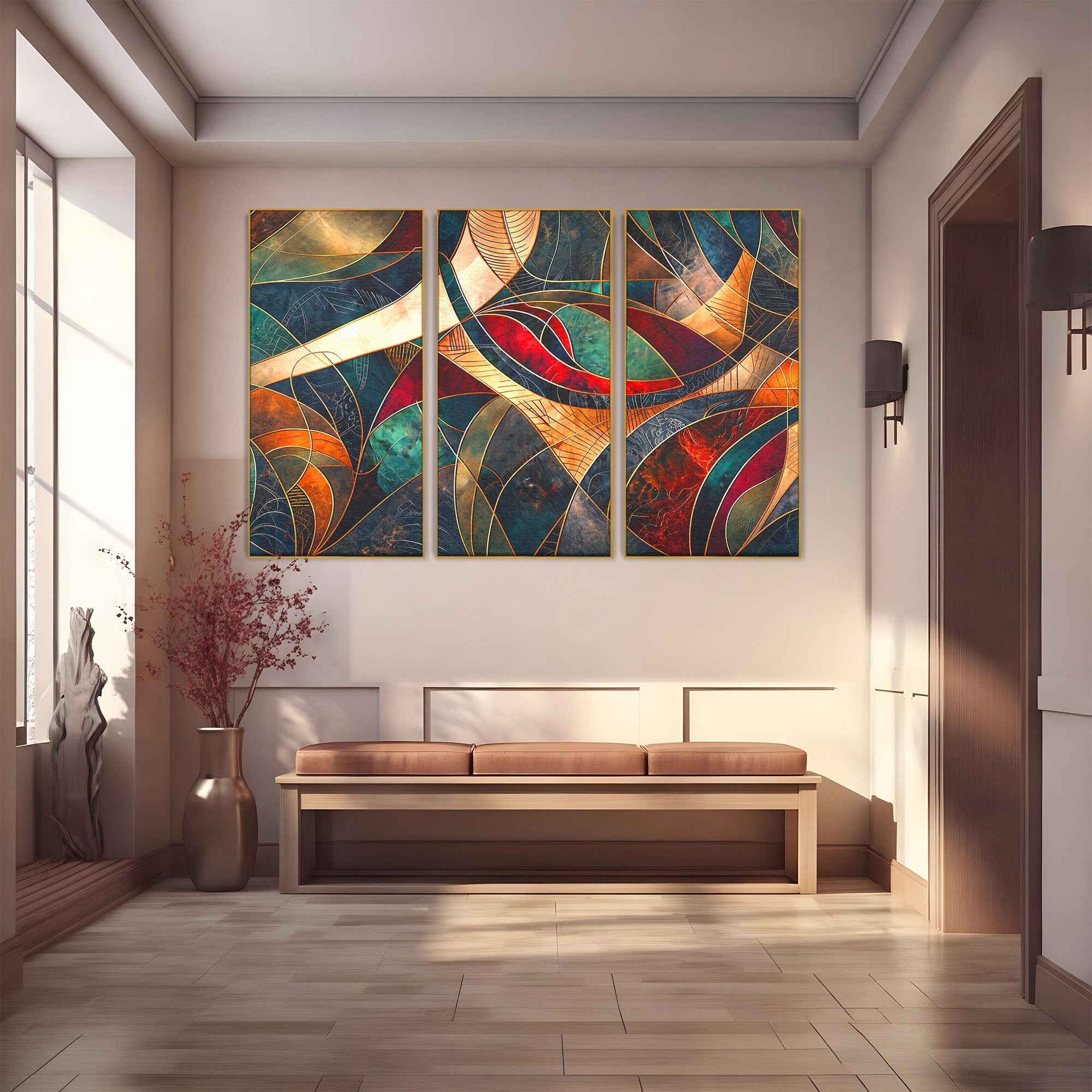 Set 3 Tablouri Canvas Premium LuxCanva® C3-1277, Intre nervuri de foc, Geometrie, Auriu, Rosu, Abstract, Linii, Profunzime, Simetrie, Circular, Spatiu, Forma, Templu, Expozitie, Birou, Living, Dormitor