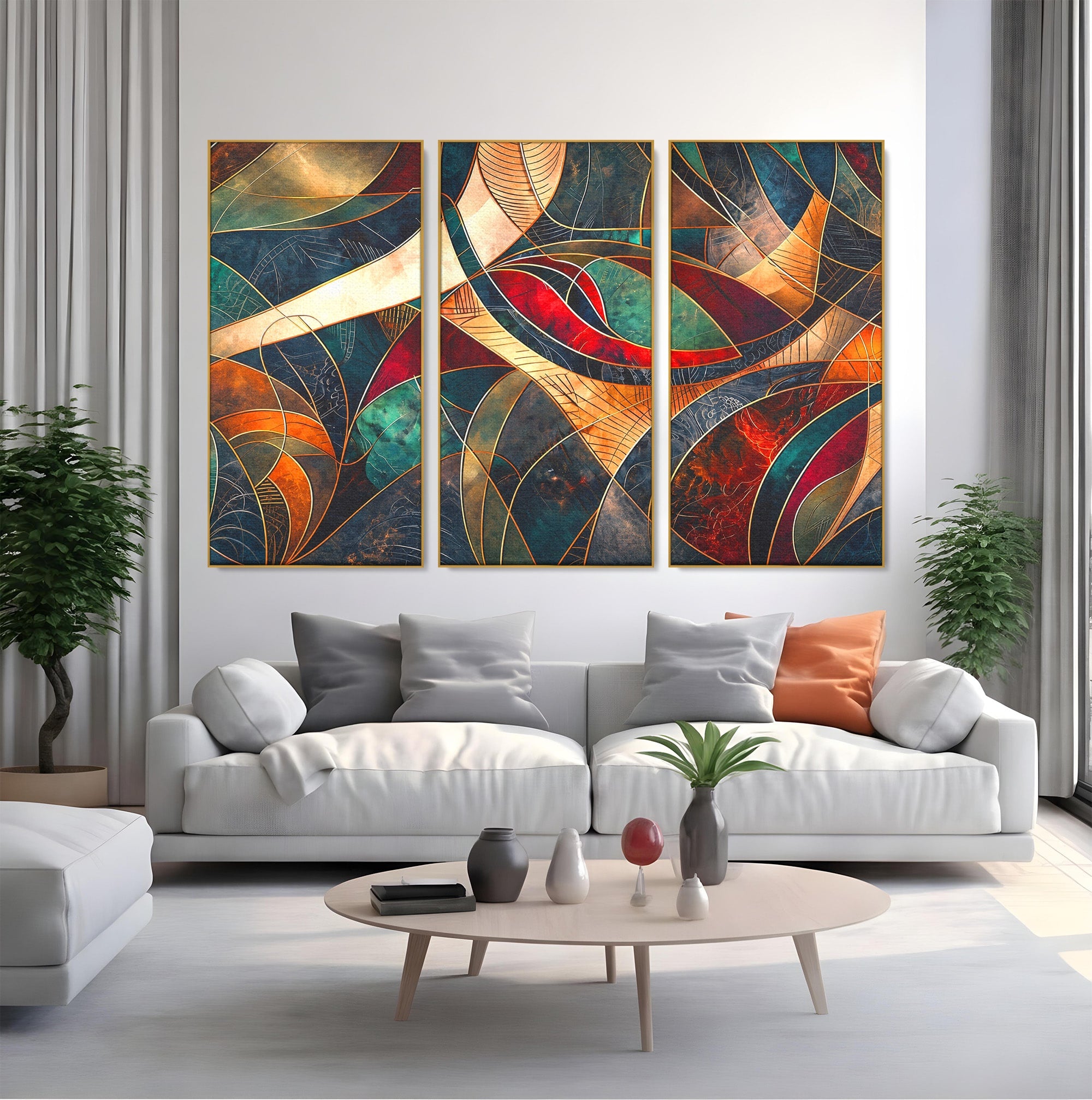 Set 3 Tablouri Canvas Premium LuxCanva® C3-1277, Intre nervuri de foc, Geometrie, Auriu, Rosu, Abstract, Linii, Profunzime, Simetrie, Circular, Spatiu, Forma, Templu, Expozitie, Birou, Living, Dormitor