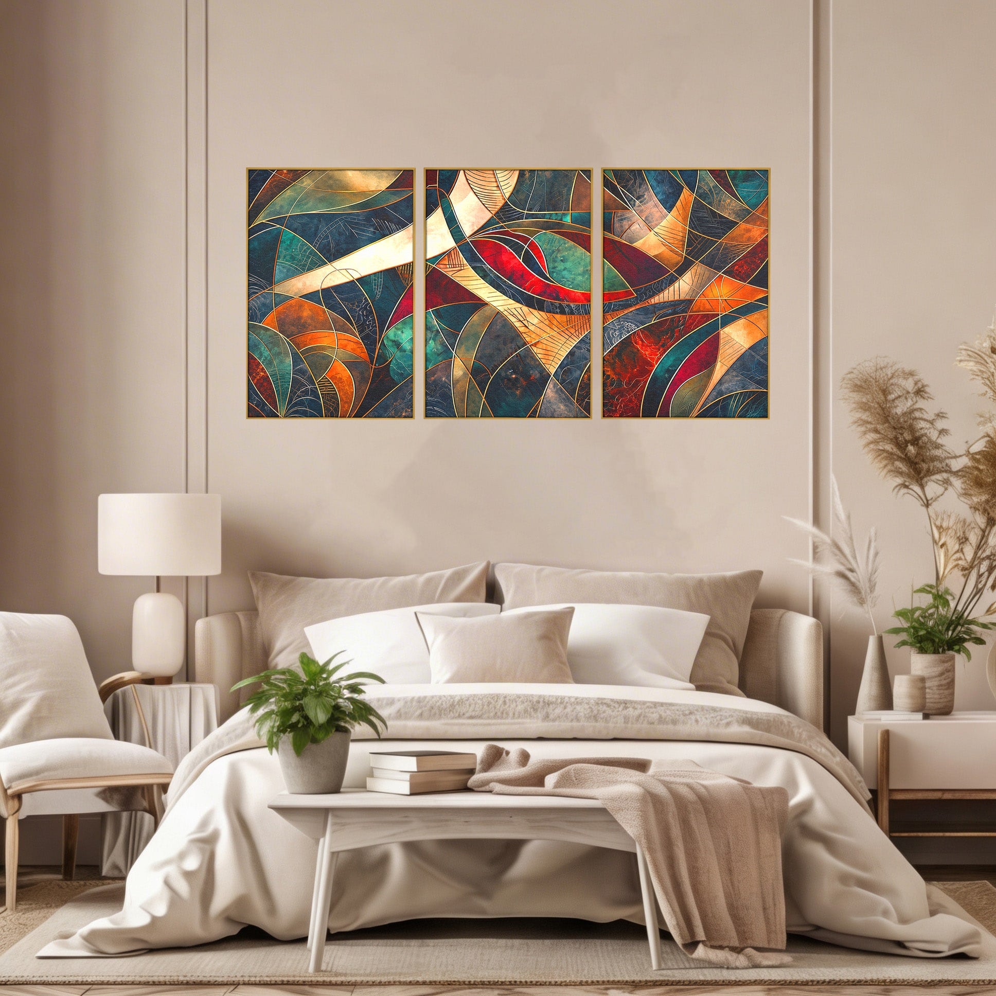 Set 3 Tablouri Canvas Premium LuxCanva® C3-1277, Intre nervuri de foc, Geometrie, Auriu, Rosu, Abstract, Linii, Profunzime, Simetrie, Circular, Spatiu, Forma, Templu, Expozitie, Birou, Living, Dormitor