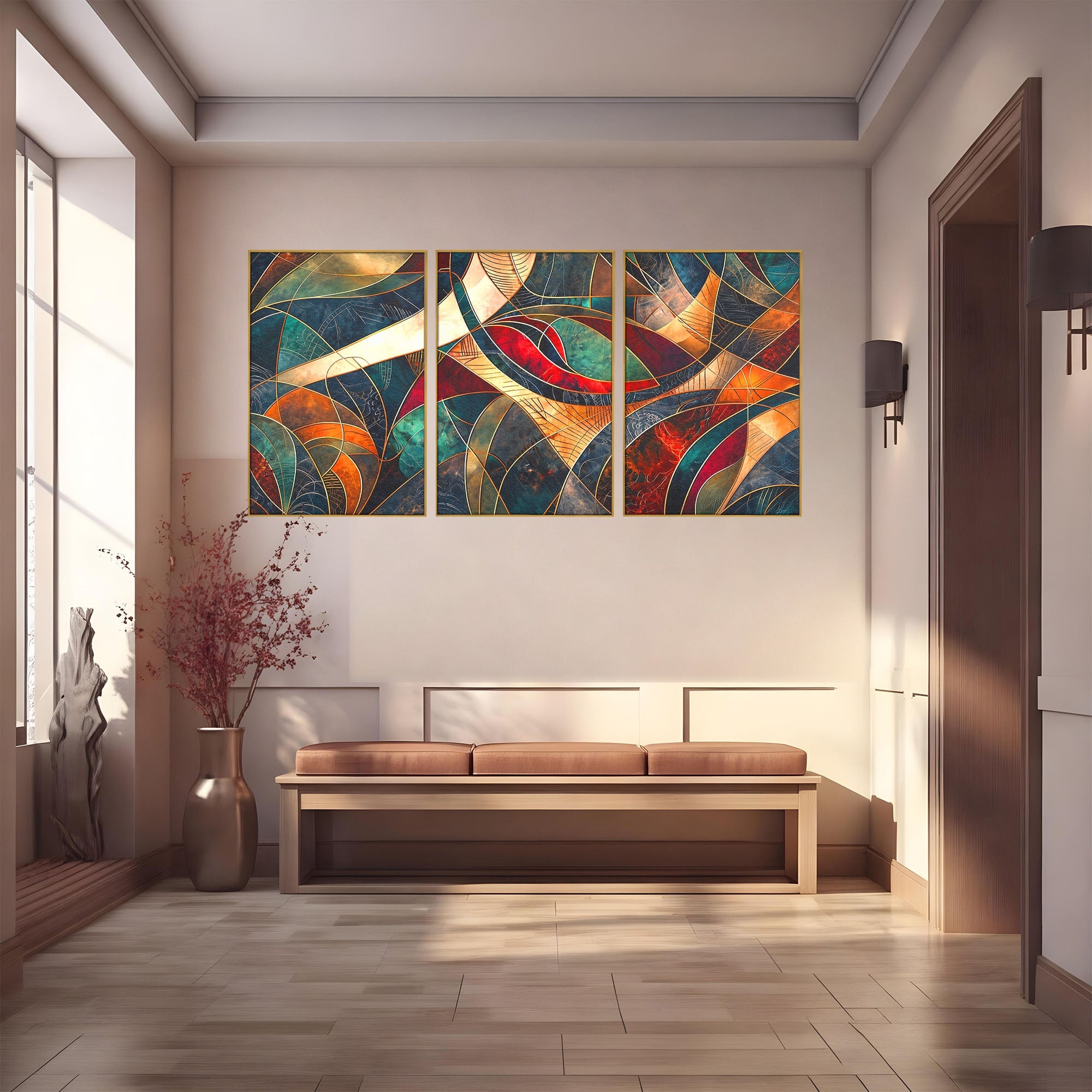 Set 3 Tablouri Canvas Premium LuxCanva® C3-1277, Intre nervuri de foc, Geometrie, Auriu, Rosu, Abstract, Linii, Profunzime, Simetrie, Circular, Spatiu, Forma, Templu, Expozitie, Birou, Living, Dormitor