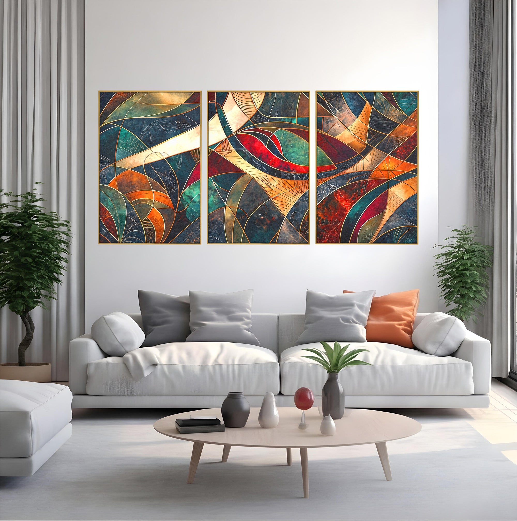 Set 3 Tablouri Canvas Premium LuxCanva® C3-1277, Intre nervuri de foc, Geometrie, Auriu, Rosu, Abstract, Linii, Profunzime, Simetrie, Circular, Spatiu, Forma, Templu, Expozitie, Birou, Living, Dormitor