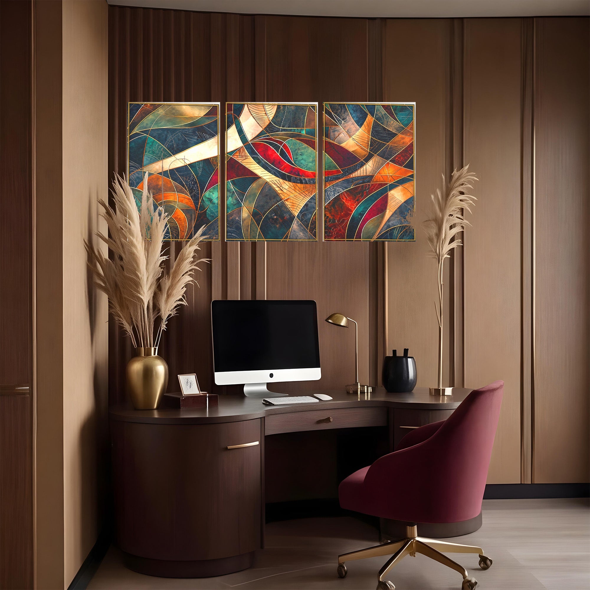 Set 3 Tablouri Canvas Premium LuxCanva® C3-1277, Intre nervuri de foc, Geometrie, Auriu, Rosu, Abstract, Linii, Profunzime, Simetrie, Circular, Spatiu, Forma, Templu, Expozitie, Birou, Living, Dormitor