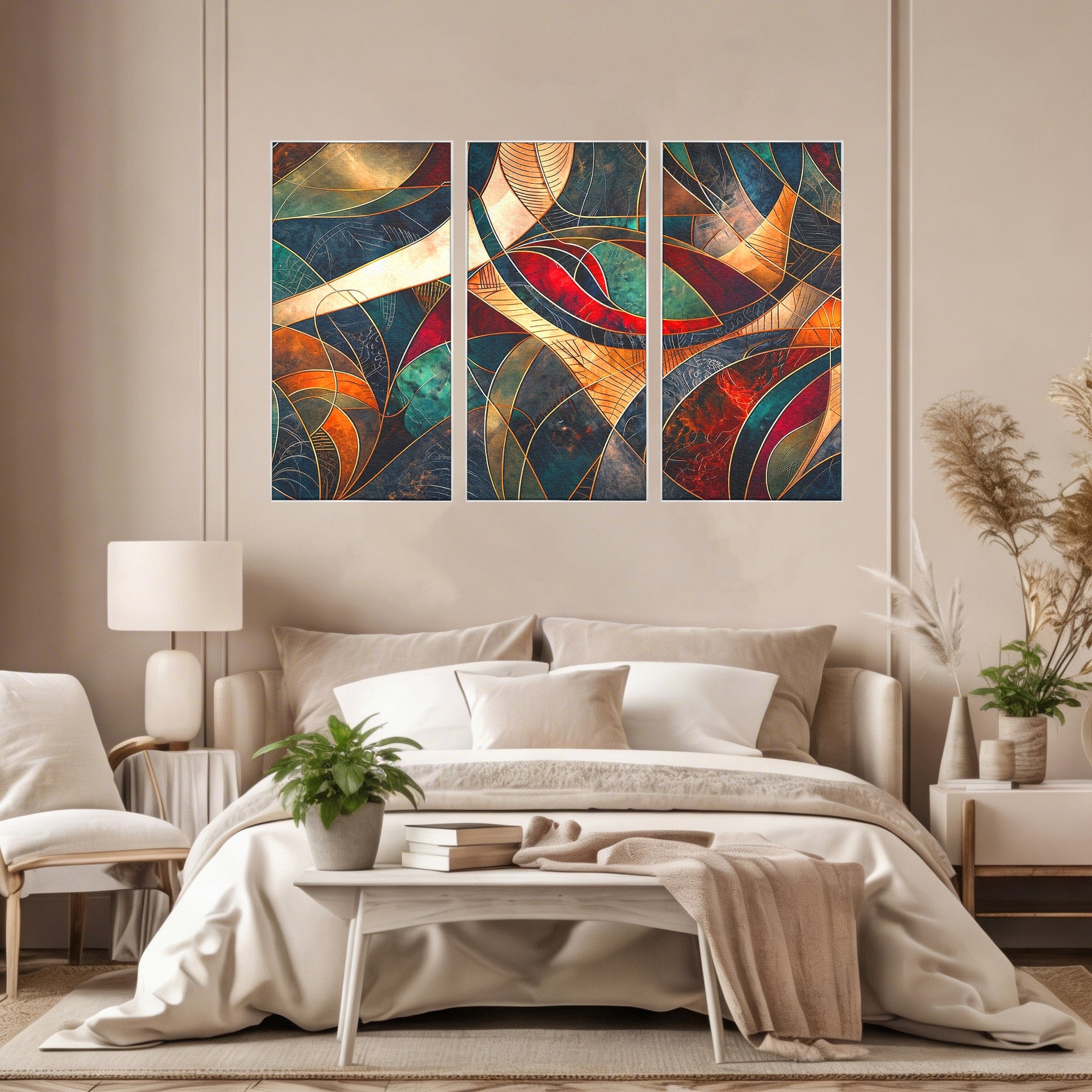 Set 3 Tablouri Canvas Premium LuxCanva® C3-1277, Intre nervuri de foc, Geometrie, Auriu, Rosu, Abstract, Linii, Profunzime, Simetrie, Circular, Spatiu, Forma, Templu, Expozitie, Birou, Living, Dormitor