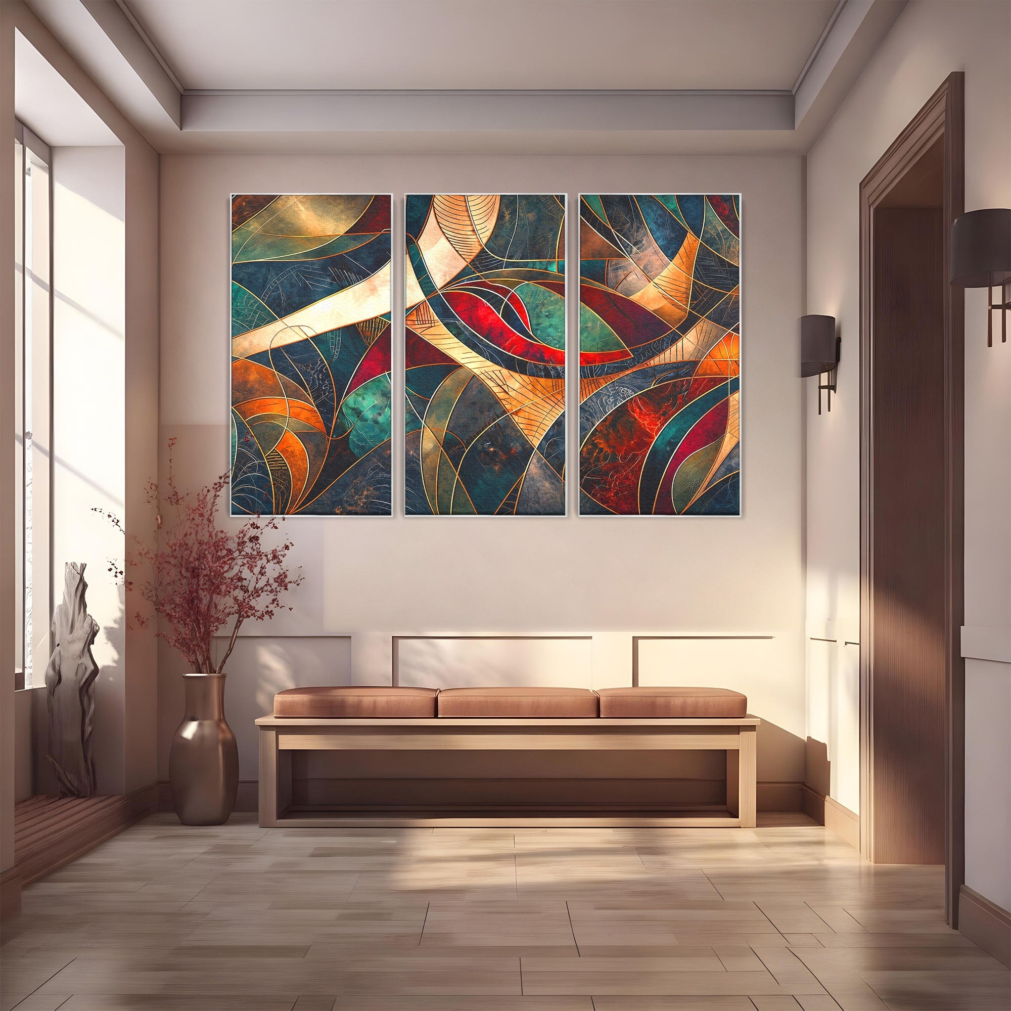 Set 3 Tablouri Canvas Premium LuxCanva® C3-1277, Intre nervuri de foc, Geometrie, Auriu, Rosu, Abstract, Linii, Profunzime, Simetrie, Circular, Spatiu, Forma, Templu, Expozitie, Birou, Living, Dormitor