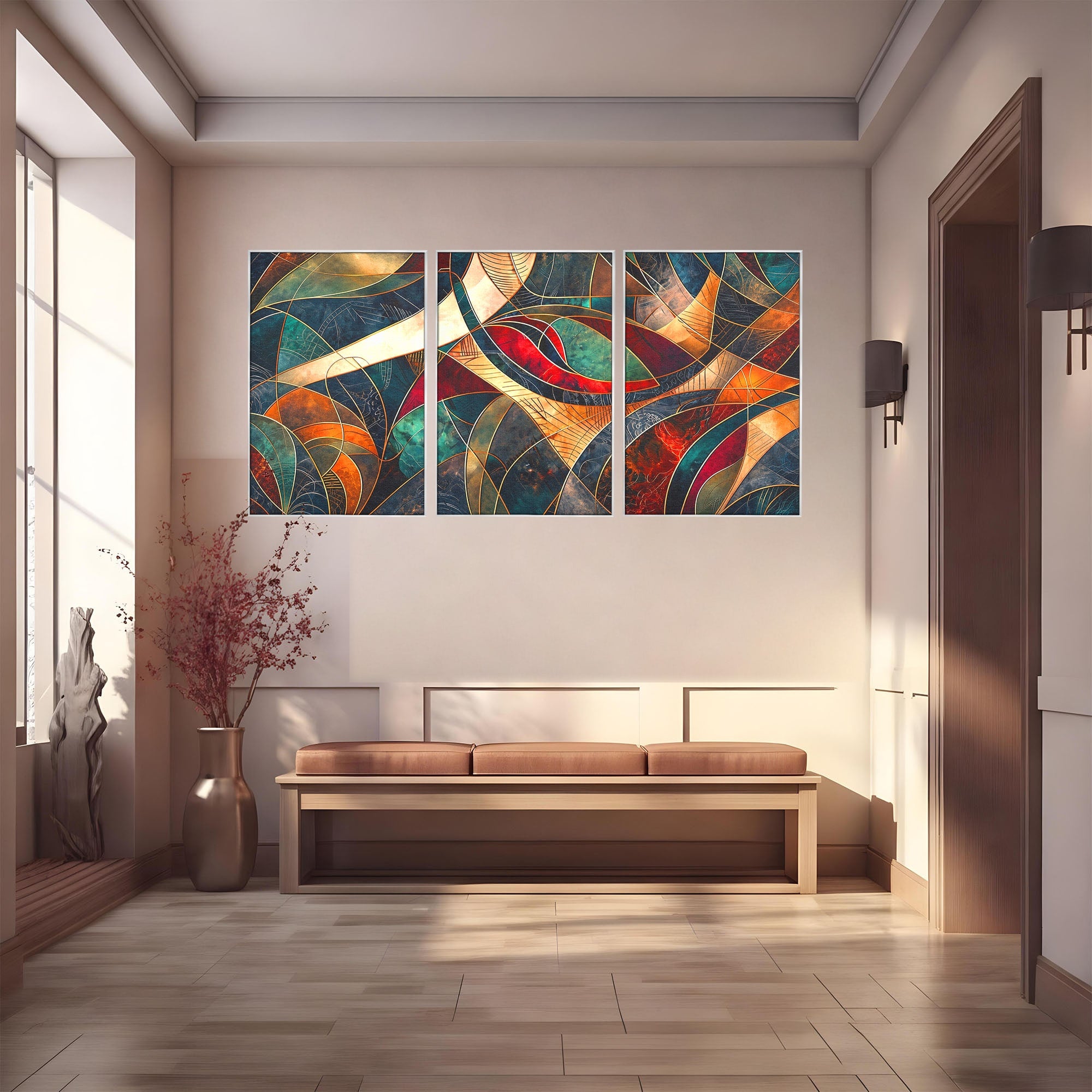 Set 3 Tablouri Canvas Premium LuxCanva® C3-1277, Intre nervuri de foc, Geometrie, Auriu, Rosu, Abstract, Linii, Profunzime, Simetrie, Circular, Spatiu, Forma, Templu, Expozitie, Birou, Living, Dormitor