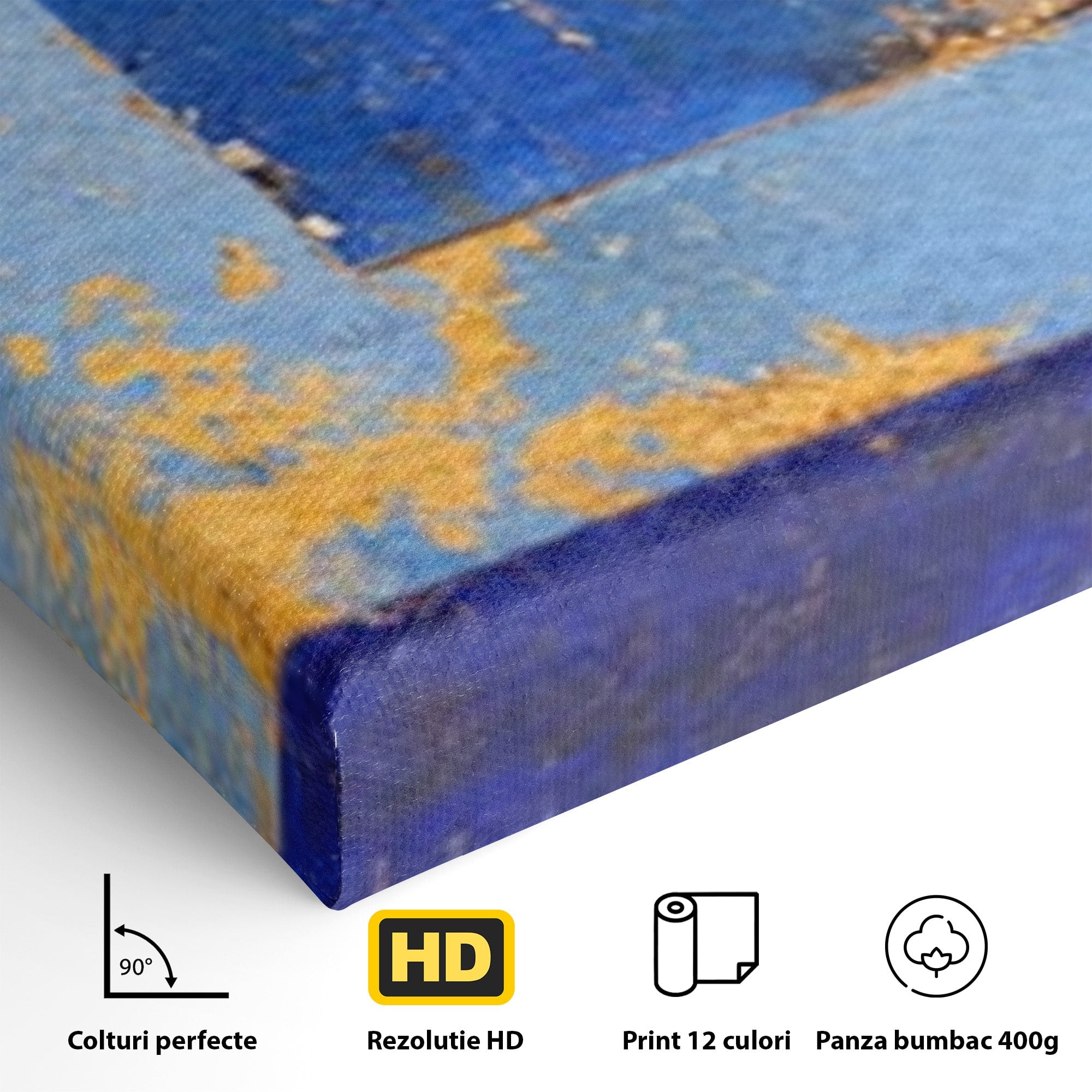 Set 3 Tablouri Canvas Premium LuxCanva® C3-1283, Aurul linistii albastre, Geometrie, Culori, Abstract, Albastru, Galben, Contrast, Delicatete, Pace, Seninatate, Estetica, Expozitie, Birou, Living, Dormitor
