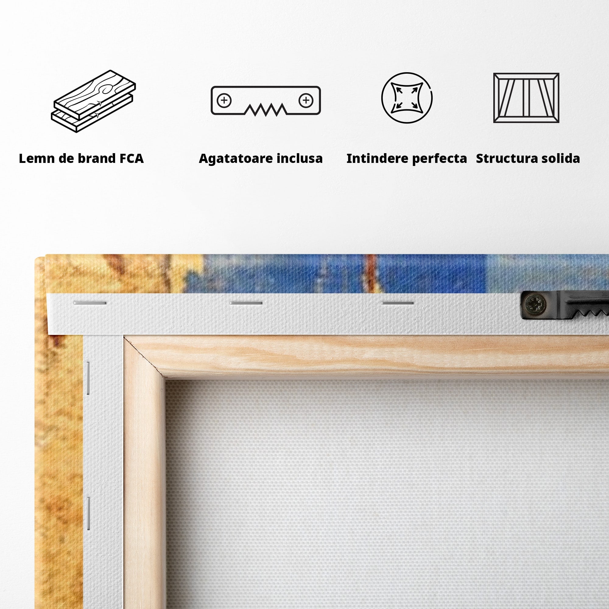 Set 3 Tablouri Canvas Premium LuxCanva® C3-1283, Aurul linistii albastre, Geometrie, Culori, Abstract, Albastru, Galben, Contrast, Delicatete, Pace, Seninatate, Estetica, Expozitie, Birou, Living, Dormitor
