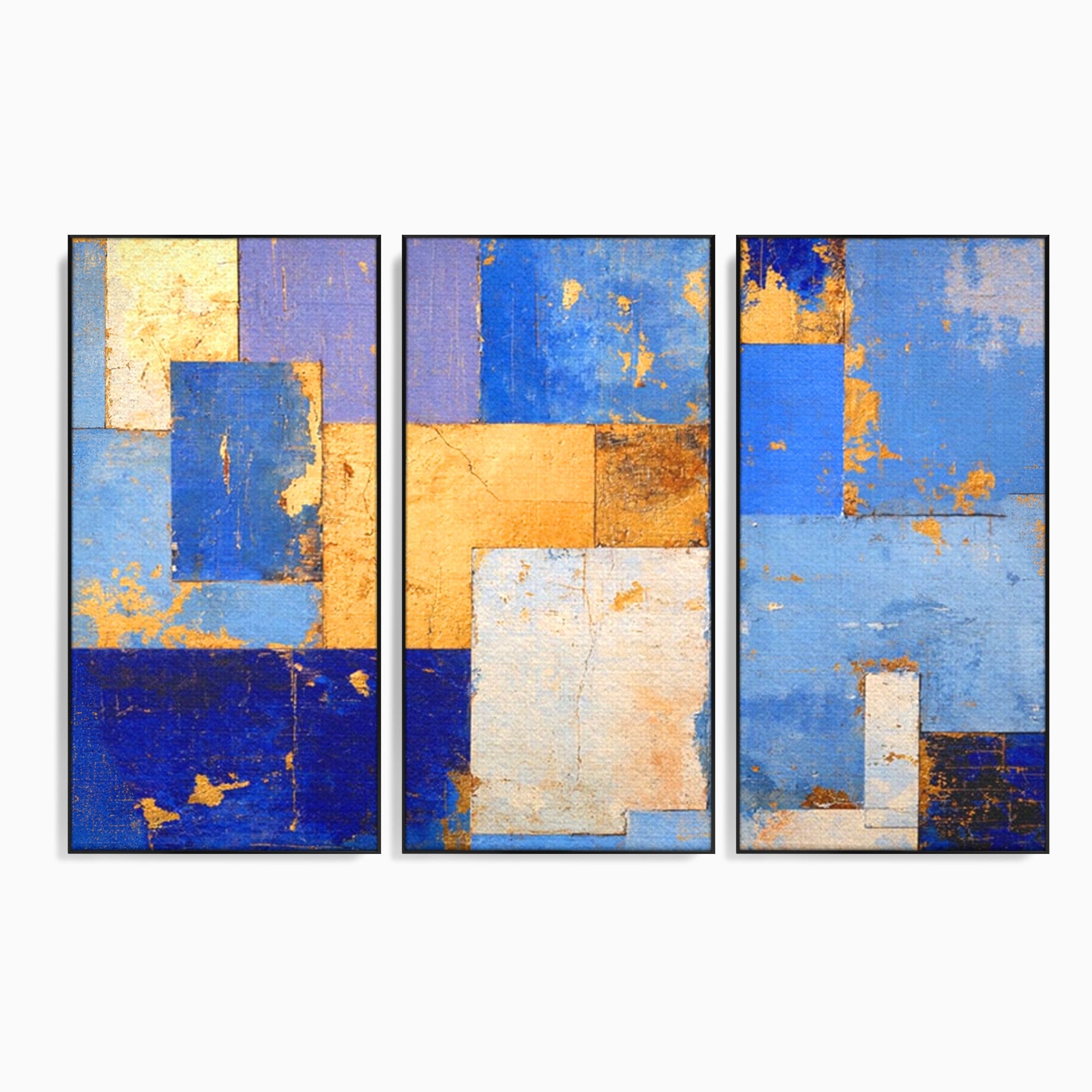 Set 3 Tablouri Canvas Premium LuxCanva® C3-1283, Aurul linistii albastre, Geometrie, Culori, Abstract, Albastru, Galben, Contrast, Delicatete, Pace, Seninatate, Estetica, Expozitie, Birou, Living, Dormitor