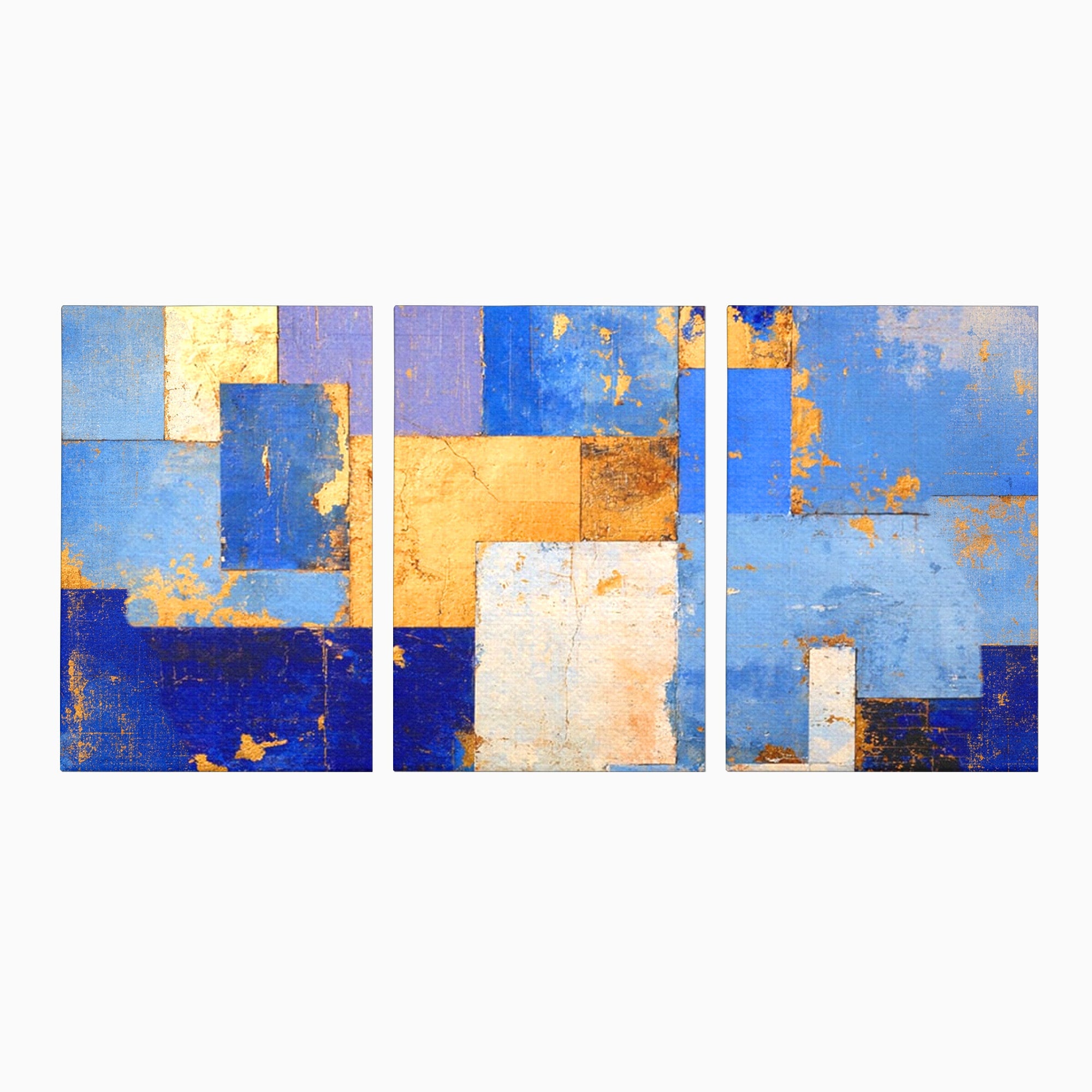 Set 3 Tablouri Canvas Premium LuxCanva® C3-1283, Aurul linistii albastre, Geometrie, Culori, Abstract, Albastru, Galben, Contrast, Delicatete, Pace, Seninatate, Estetica, Expozitie, Birou, Living, Dormitor