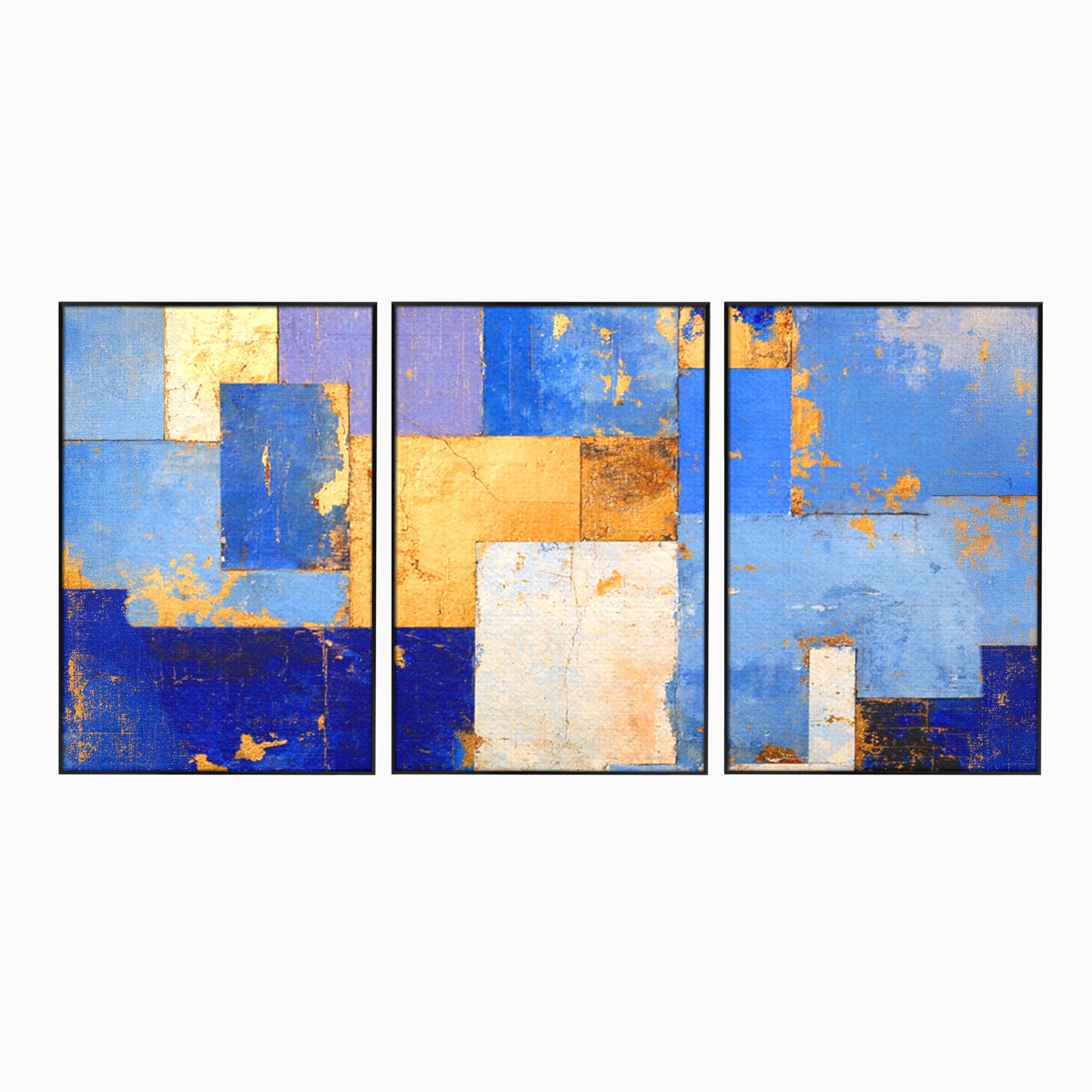 Set 3 Tablouri Canvas Premium LuxCanva® C3-1283, Aurul linistii albastre, Geometrie, Culori, Abstract, Albastru, Galben, Contrast, Delicatete, Pace, Seninatate, Estetica, Expozitie, Birou, Living, Dormitor