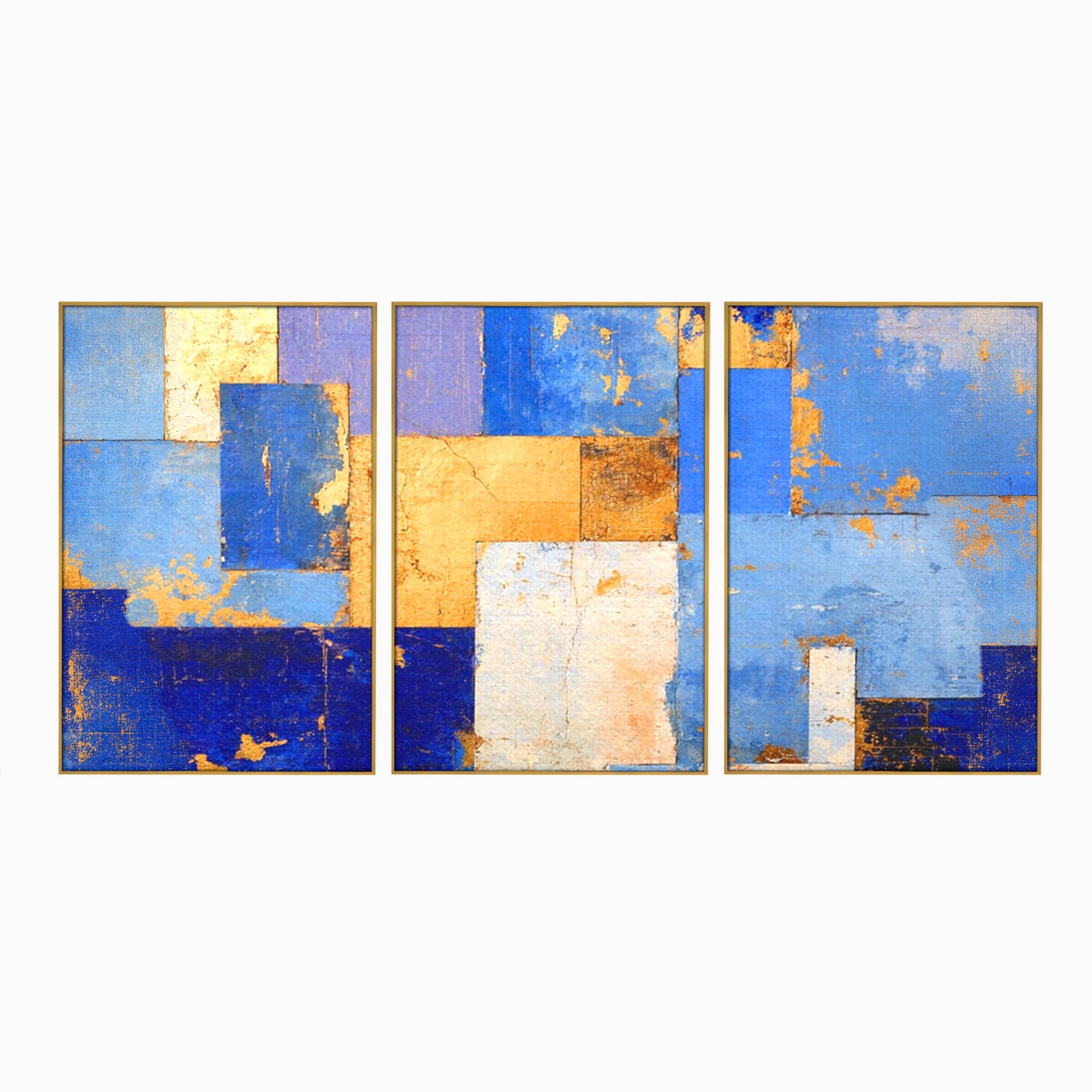 Set 3 Tablouri Canvas Premium LuxCanva® C3-1283, Aurul linistii albastre, Geometrie, Culori, Abstract, Albastru, Galben, Contrast, Delicatete, Pace, Seninatate, Estetica, Expozitie, Birou, Living, Dormitor