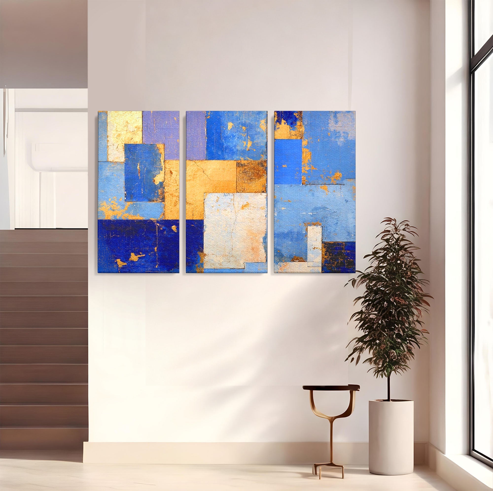 Set 3 Tablouri Canvas Premium LuxCanva® C3-1283, Aurul linistii albastre, Geometrie, Culori, Abstract, Albastru, Galben, Contrast, Delicatete, Pace, Seninatate, Estetica, Expozitie, Birou, Living, Dormitor
