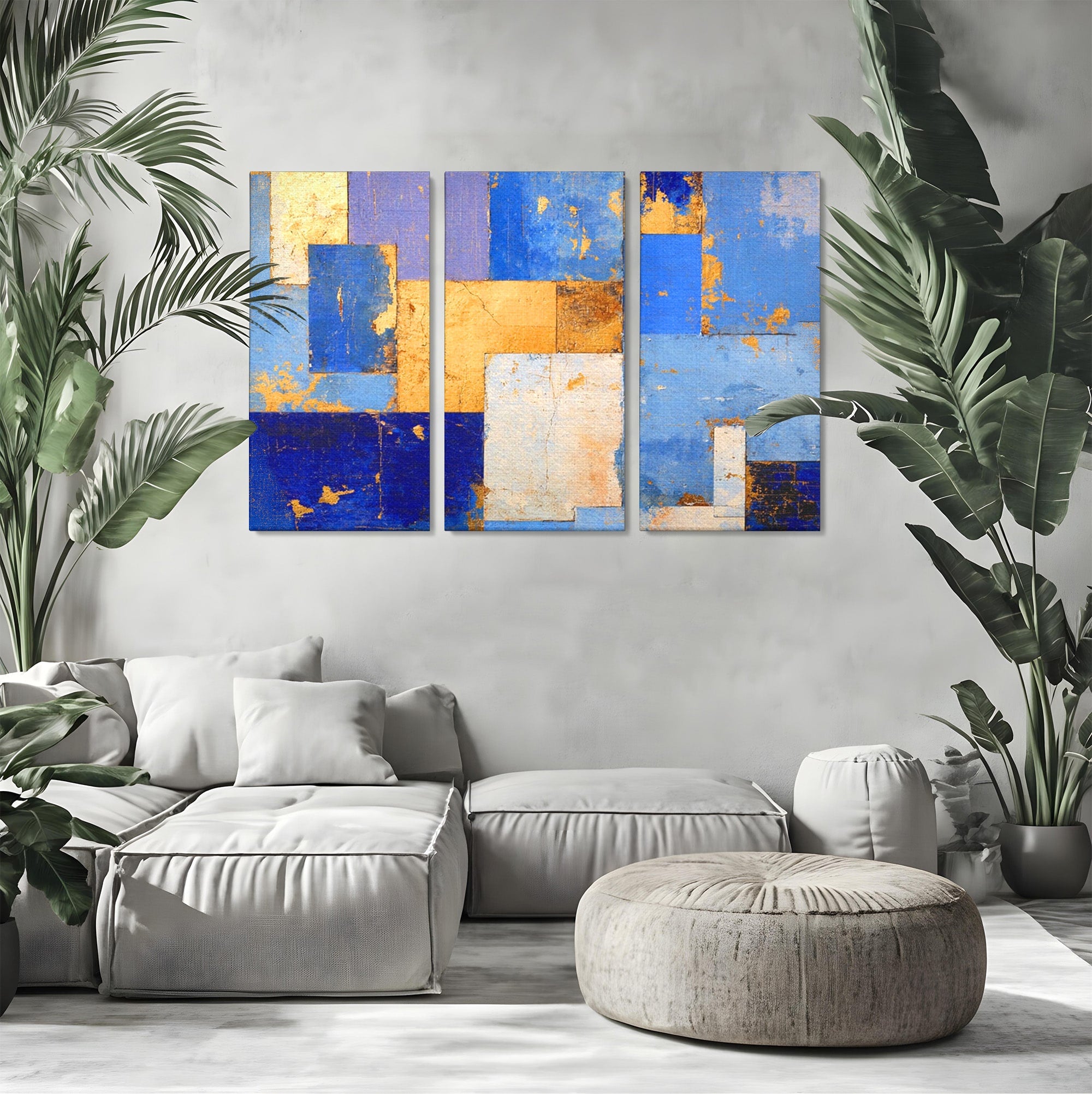 Set 3 Tablouri Canvas Premium LuxCanva® C3-1283, Aurul linistii albastre, Geometrie, Culori, Abstract, Albastru, Galben, Contrast, Delicatete, Pace, Seninatate, Estetica, Expozitie, Birou, Living, Dormitor