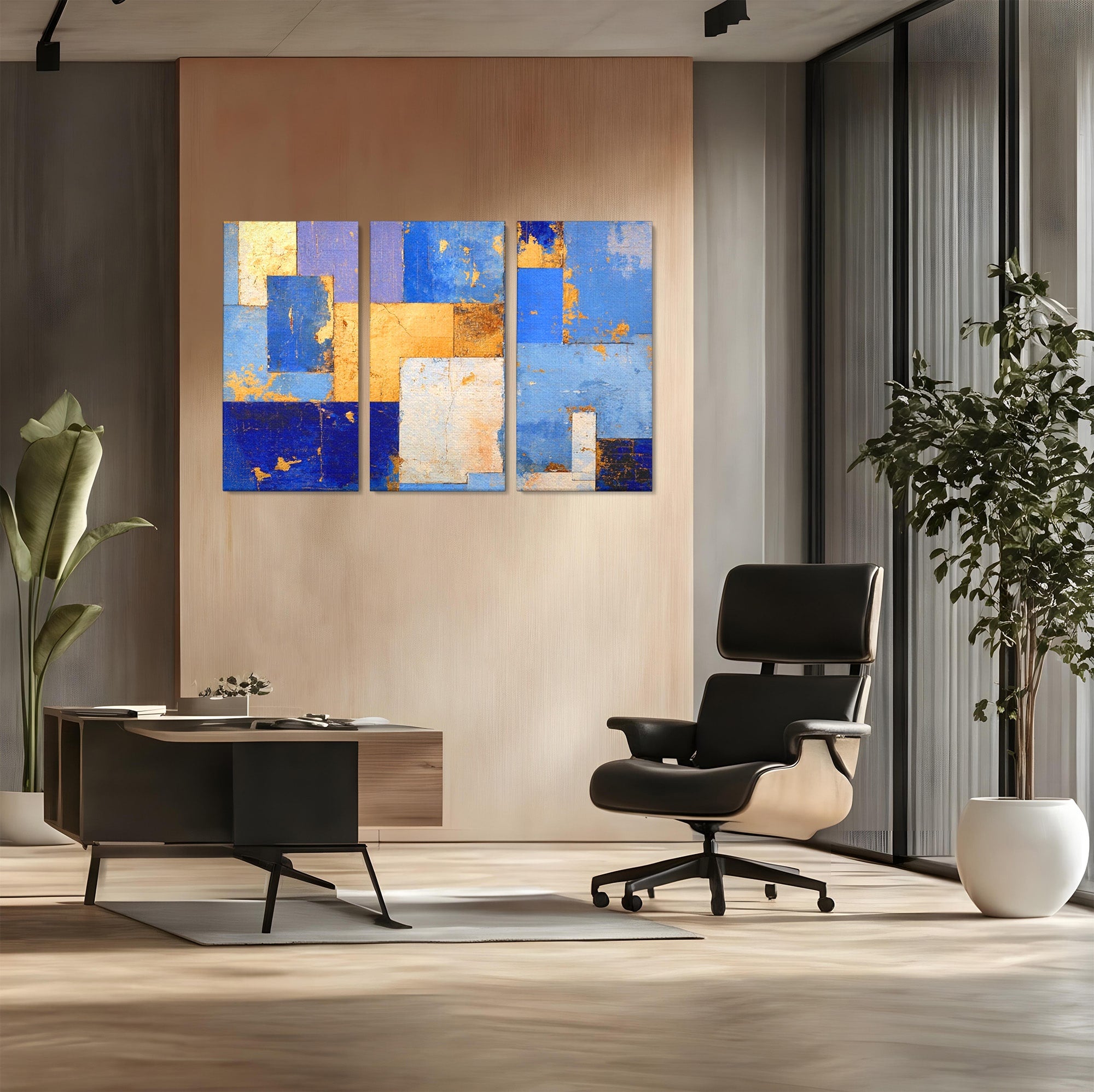 Set 3 Tablouri Canvas Premium LuxCanva® C3-1283, Aurul linistii albastre, Geometrie, Culori, Abstract, Albastru, Galben, Contrast, Delicatete, Pace, Seninatate, Estetica, Expozitie, Birou, Living, Dormitor