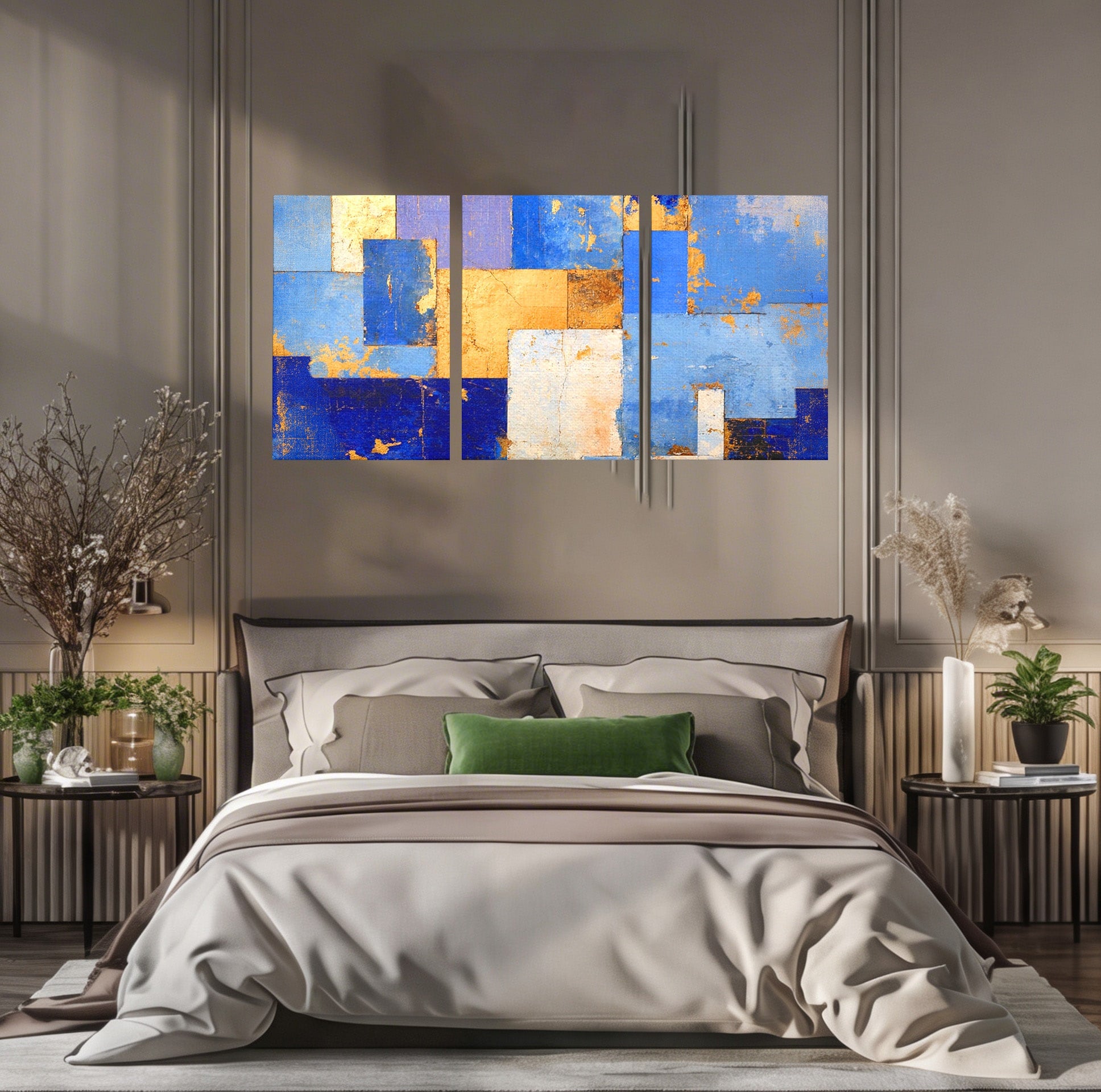 Set 3 Tablouri Canvas Premium LuxCanva® C3-1283, Aurul linistii albastre, Geometrie, Culori, Abstract, Albastru, Galben, Contrast, Delicatete, Pace, Seninatate, Estetica, Expozitie, Birou, Living, Dormitor