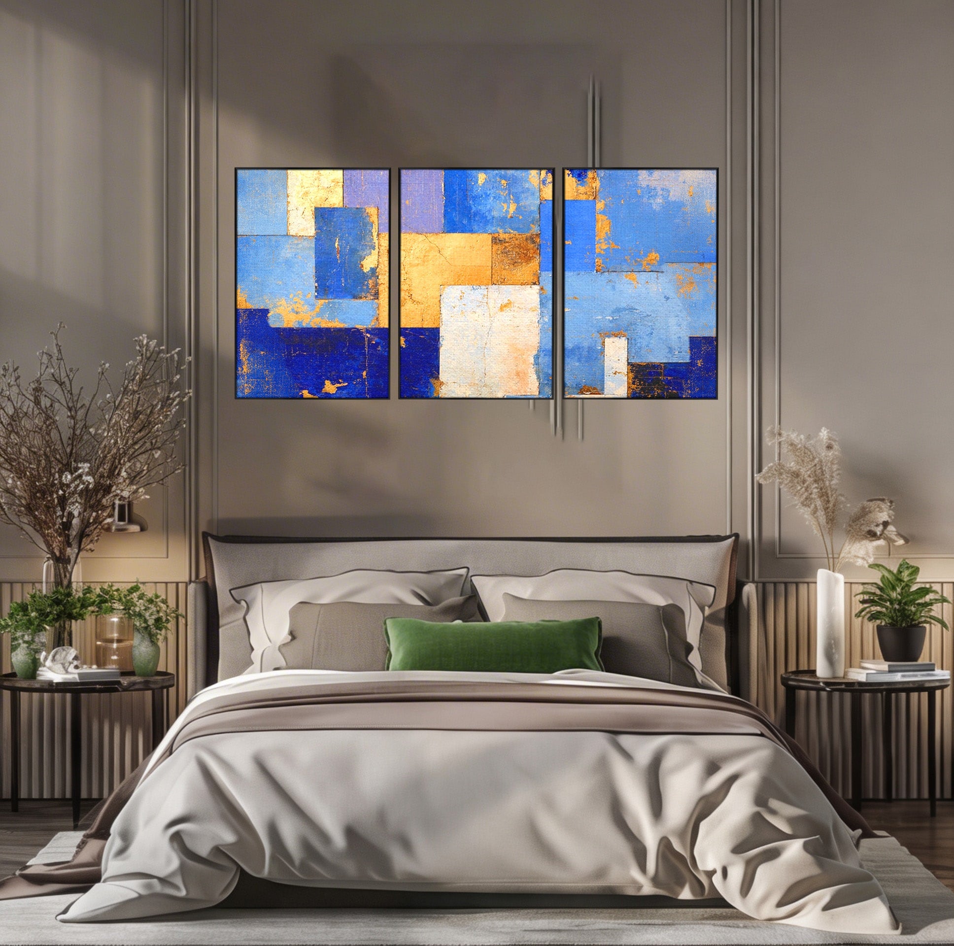 Set 3 Tablouri Canvas Premium LuxCanva® C3-1283, Aurul linistii albastre, Geometrie, Culori, Abstract, Albastru, Galben, Contrast, Delicatete, Pace, Seninatate, Estetica, Expozitie, Birou, Living, Dormitor