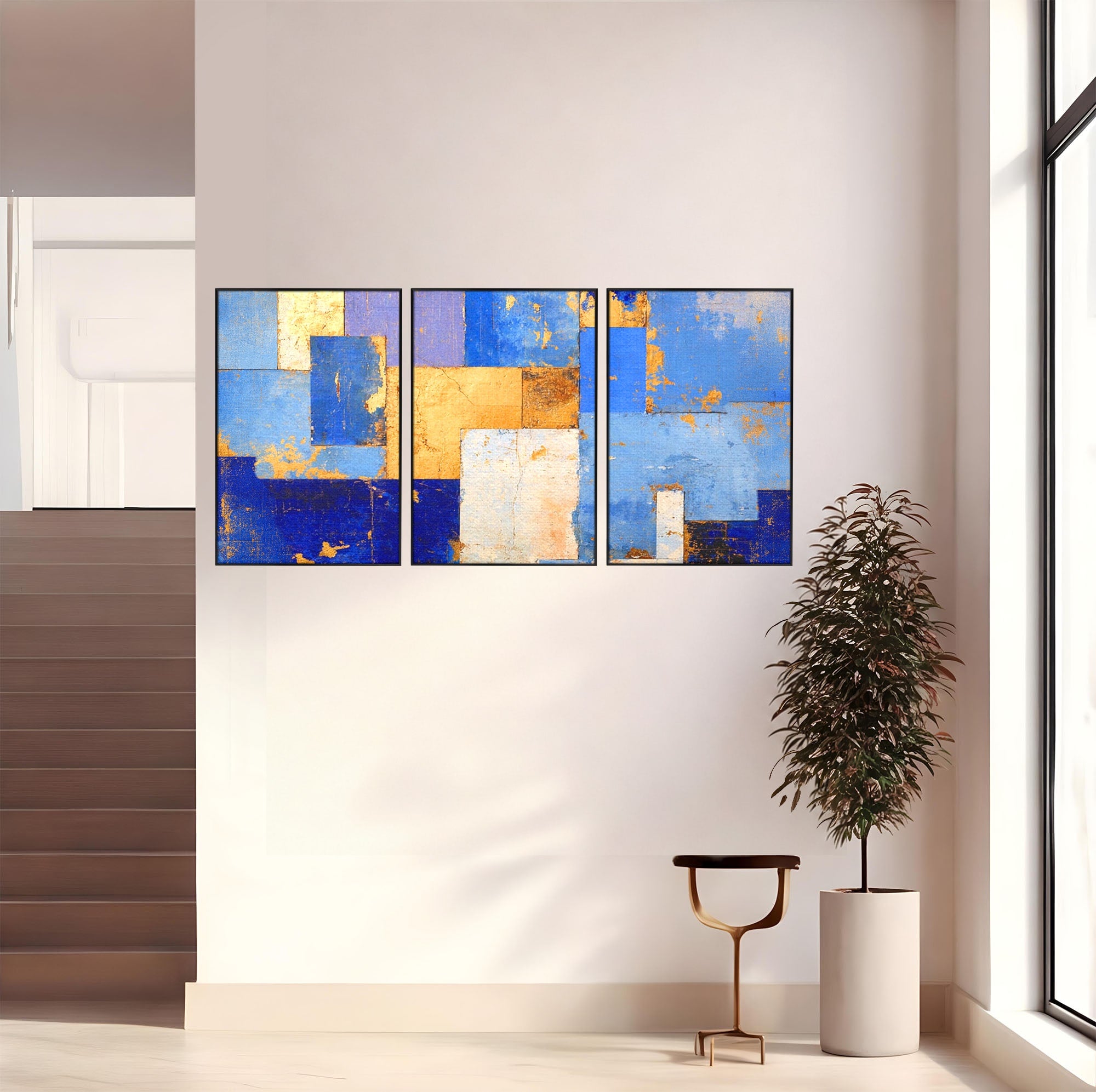 Set 3 Tablouri Canvas Premium LuxCanva® C3-1283, Aurul linistii albastre, Geometrie, Culori, Abstract, Albastru, Galben, Contrast, Delicatete, Pace, Seninatate, Estetica, Expozitie, Birou, Living, Dormitor