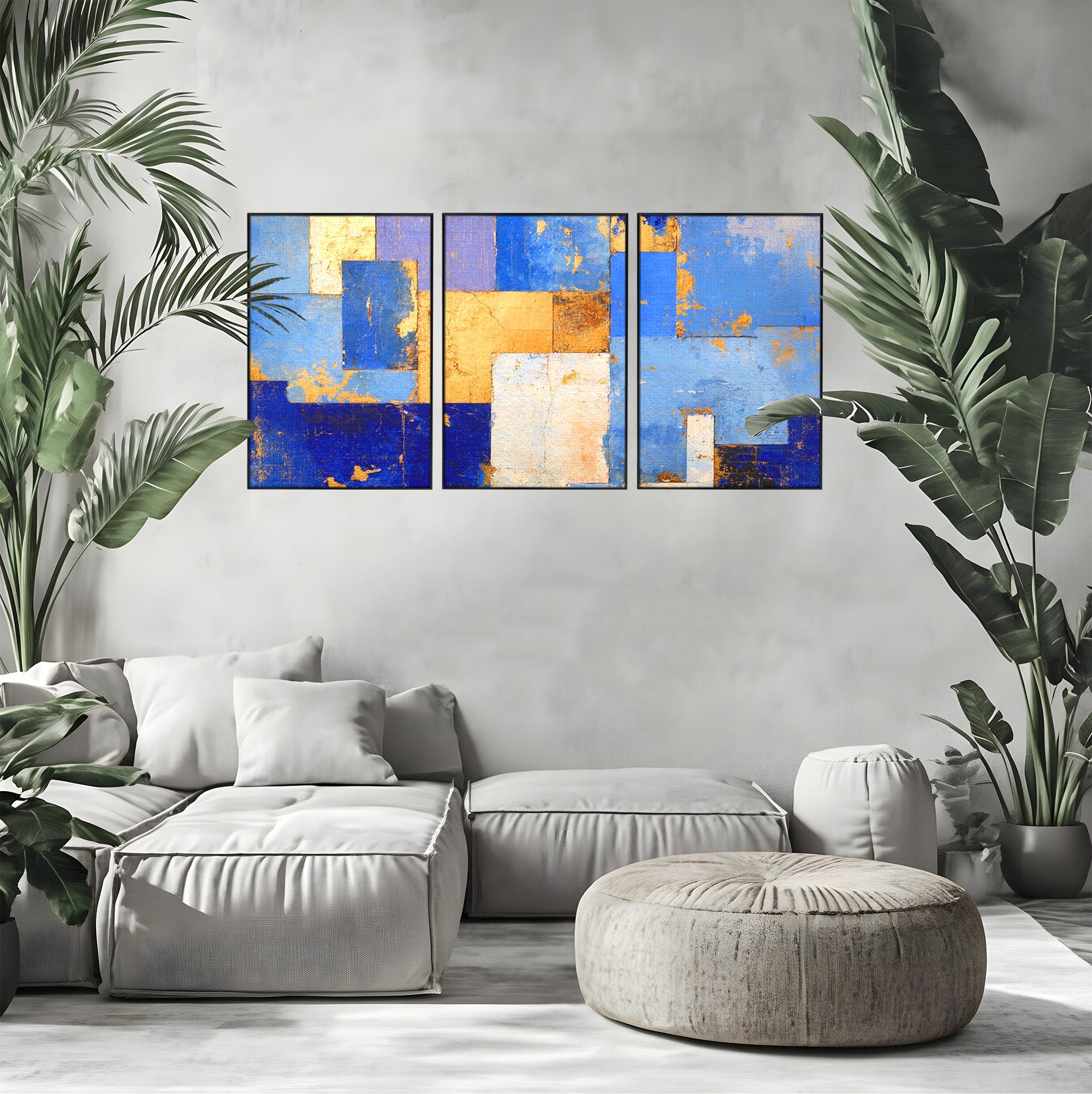 Set 3 Tablouri Canvas Premium LuxCanva® C3-1283, Aurul linistii albastre, Geometrie, Culori, Abstract, Albastru, Galben, Contrast, Delicatete, Pace, Seninatate, Estetica, Expozitie, Birou, Living, Dormitor