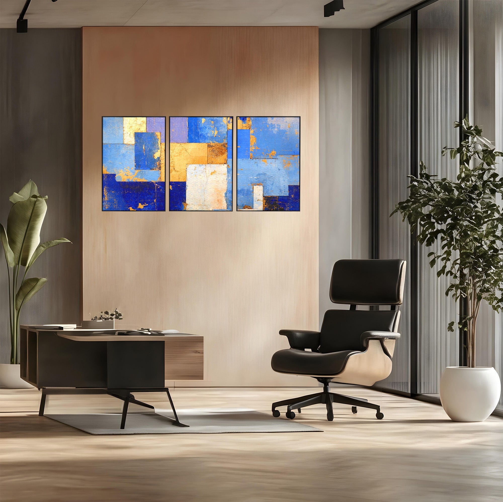 Set 3 Tablouri Canvas Premium LuxCanva® C3-1283, Aurul linistii albastre, Geometrie, Culori, Abstract, Albastru, Galben, Contrast, Delicatete, Pace, Seninatate, Estetica, Expozitie, Birou, Living, Dormitor