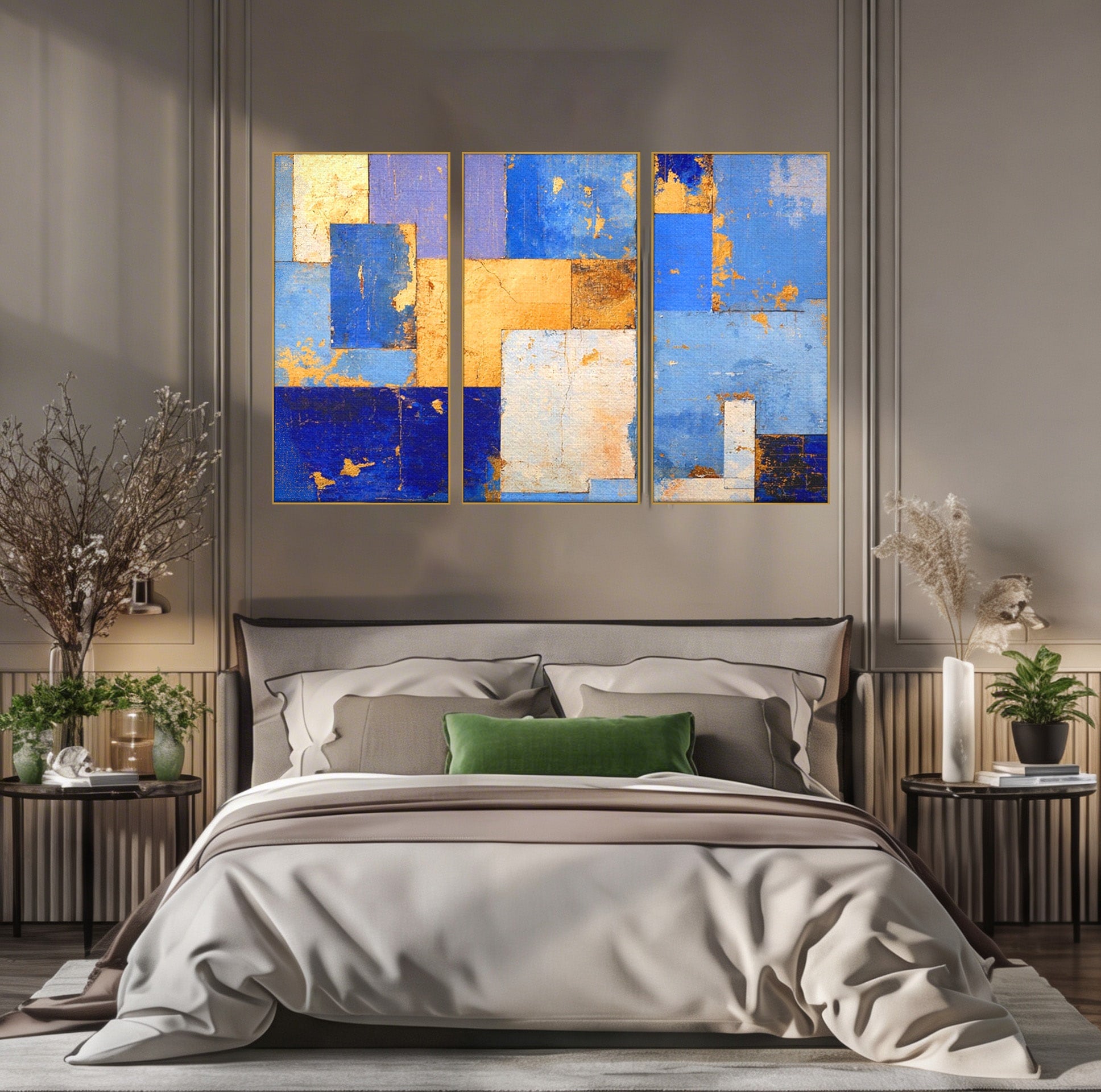 Set 3 Tablouri Canvas Premium LuxCanva® C3-1283, Aurul linistii albastre, Geometrie, Culori, Abstract, Albastru, Galben, Contrast, Delicatete, Pace, Seninatate, Estetica, Expozitie, Birou, Living, Dormitor