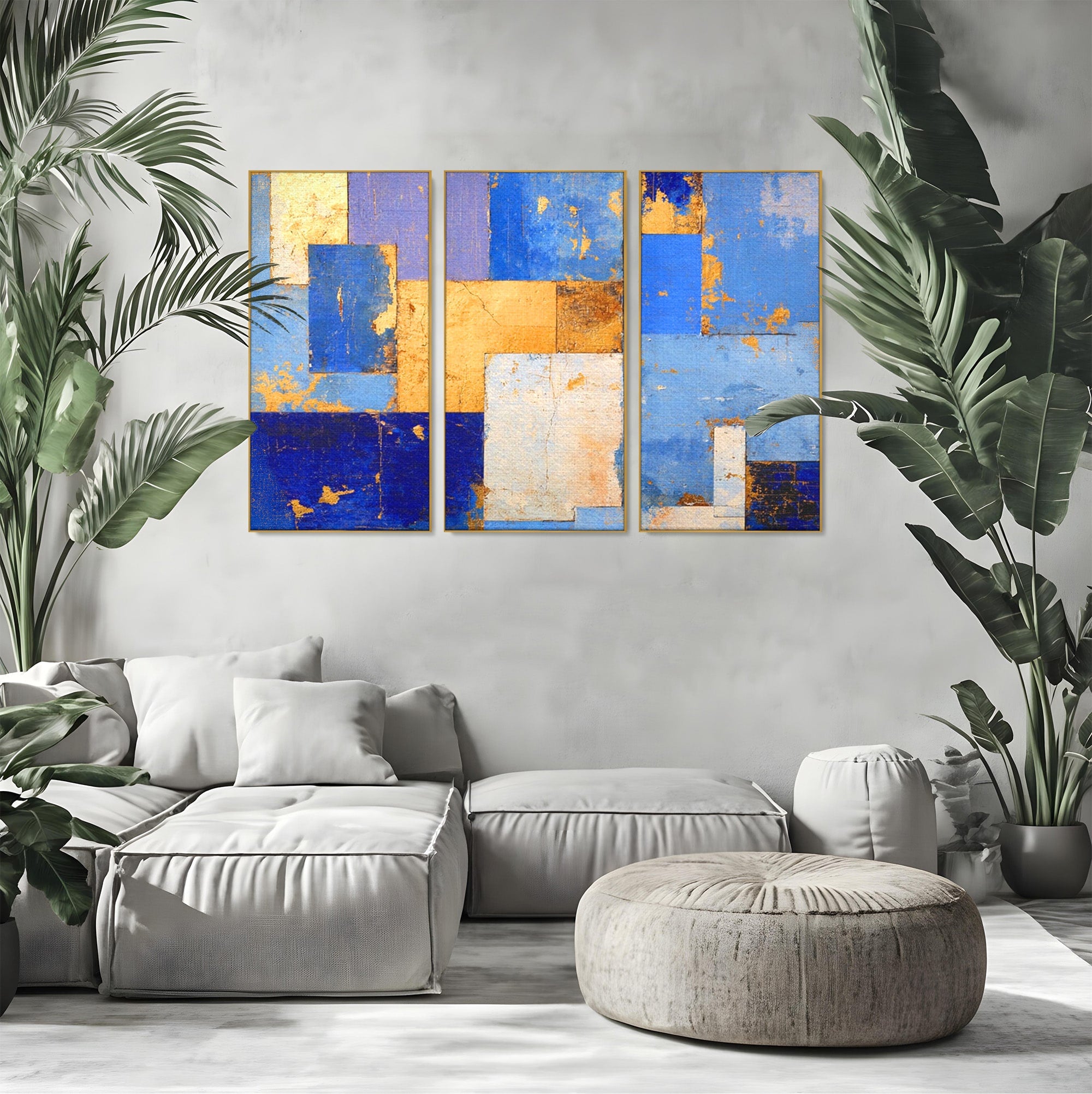 Set 3 Tablouri Canvas Premium LuxCanva® C3-1283, Aurul linistii albastre, Geometrie, Culori, Abstract, Albastru, Galben, Contrast, Delicatete, Pace, Seninatate, Estetica, Expozitie, Birou, Living, Dormitor