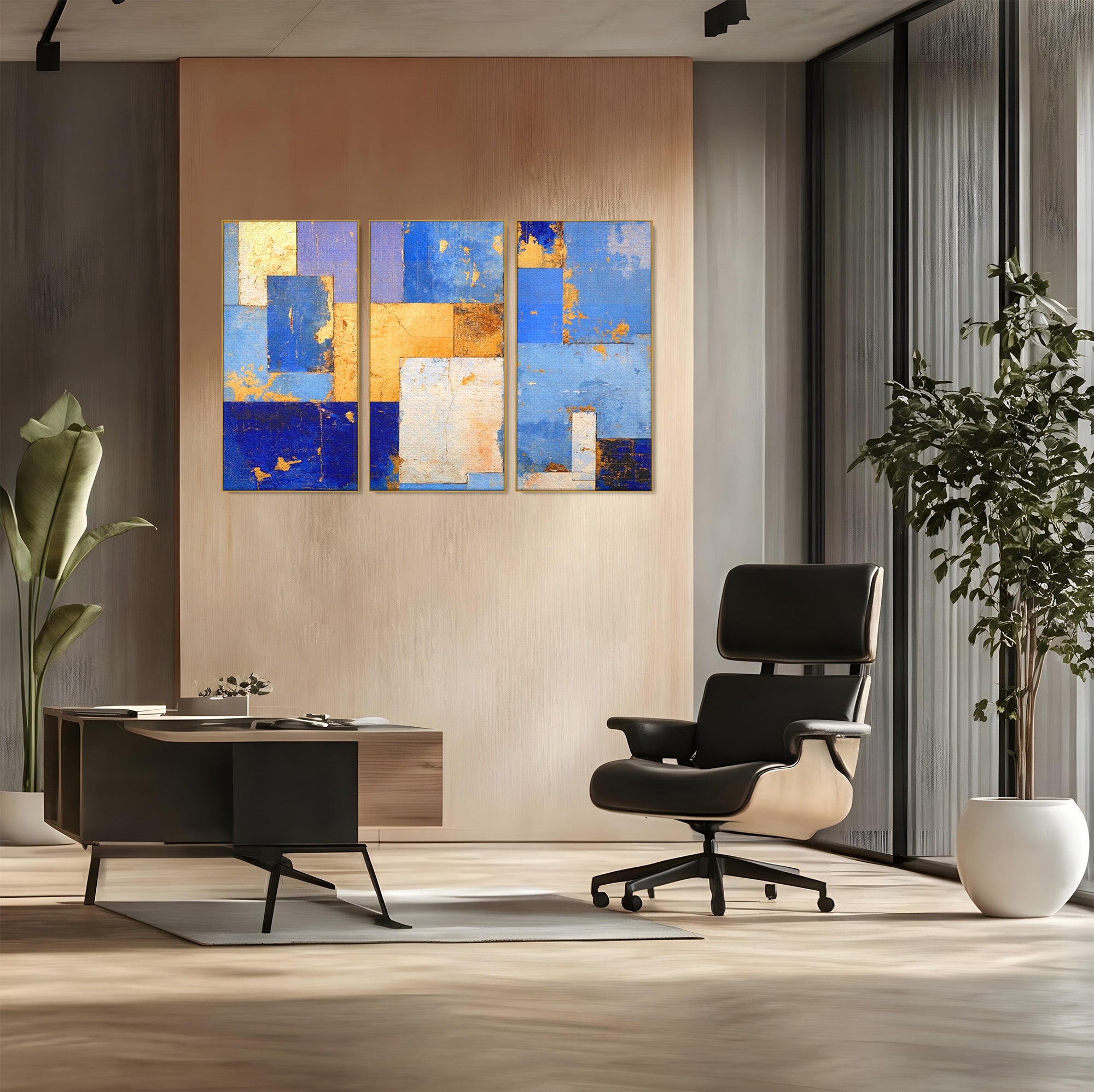 Set 3 Tablouri Canvas Premium LuxCanva® C3-1283, Aurul linistii albastre, Geometrie, Culori, Abstract, Albastru, Galben, Contrast, Delicatete, Pace, Seninatate, Estetica, Expozitie, Birou, Living, Dormitor