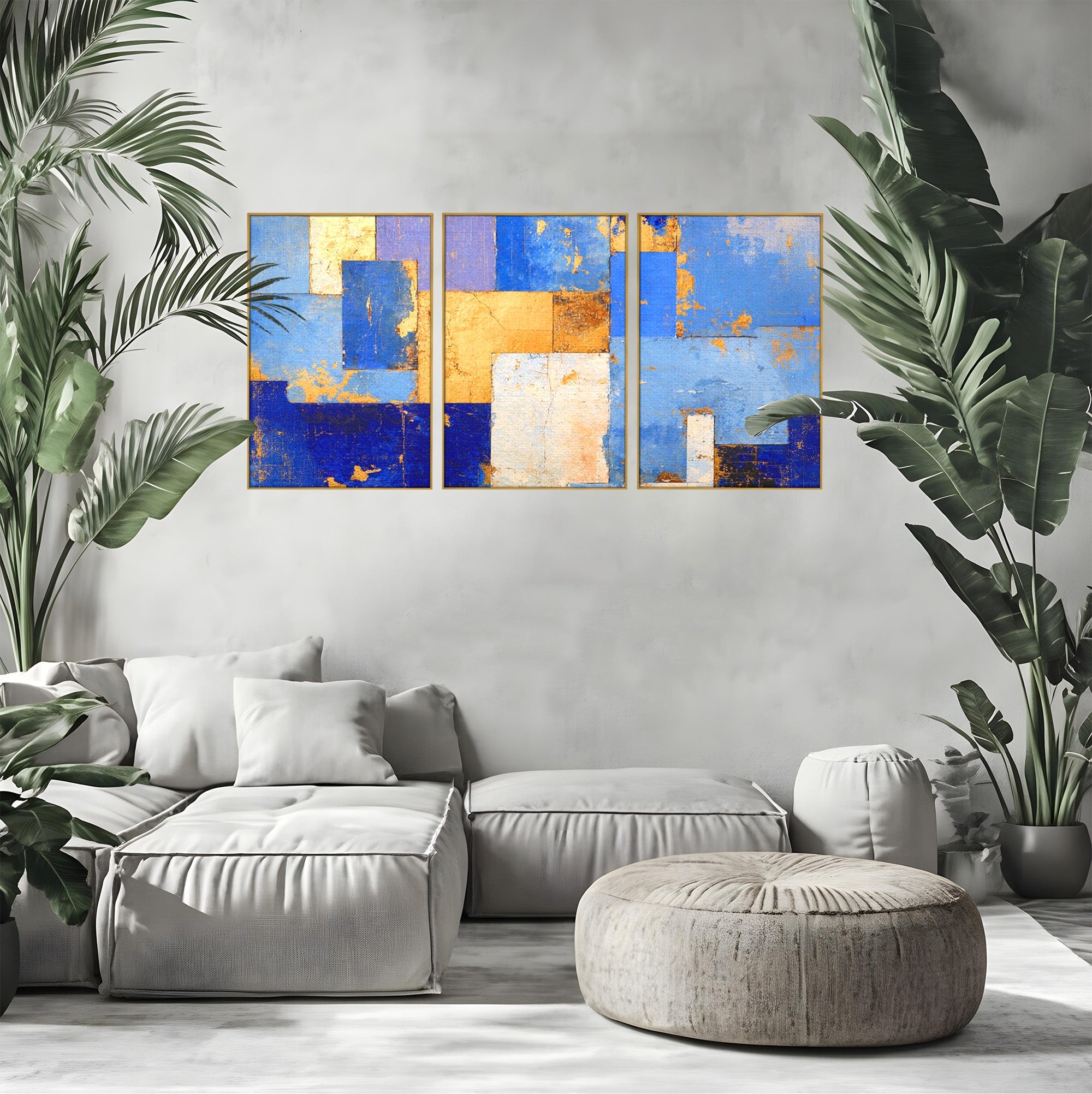 Set 3 Tablouri Canvas Premium LuxCanva® C3-1283, Aurul linistii albastre, Geometrie, Culori, Abstract, Albastru, Galben, Contrast, Delicatete, Pace, Seninatate, Estetica, Expozitie, Birou, Living, Dormitor