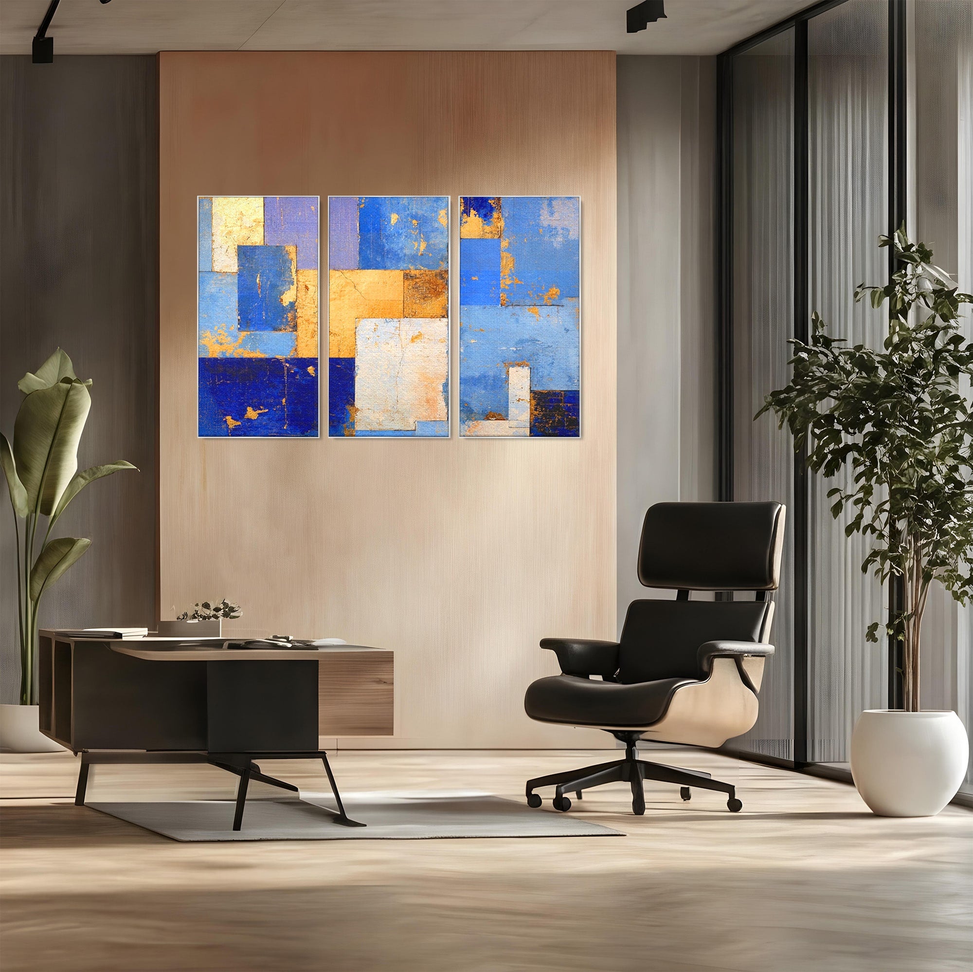 Set 3 Tablouri Canvas Premium LuxCanva® C3-1283, Aurul linistii albastre, Geometrie, Culori, Abstract, Albastru, Galben, Contrast, Delicatete, Pace, Seninatate, Estetica, Expozitie, Birou, Living, Dormitor