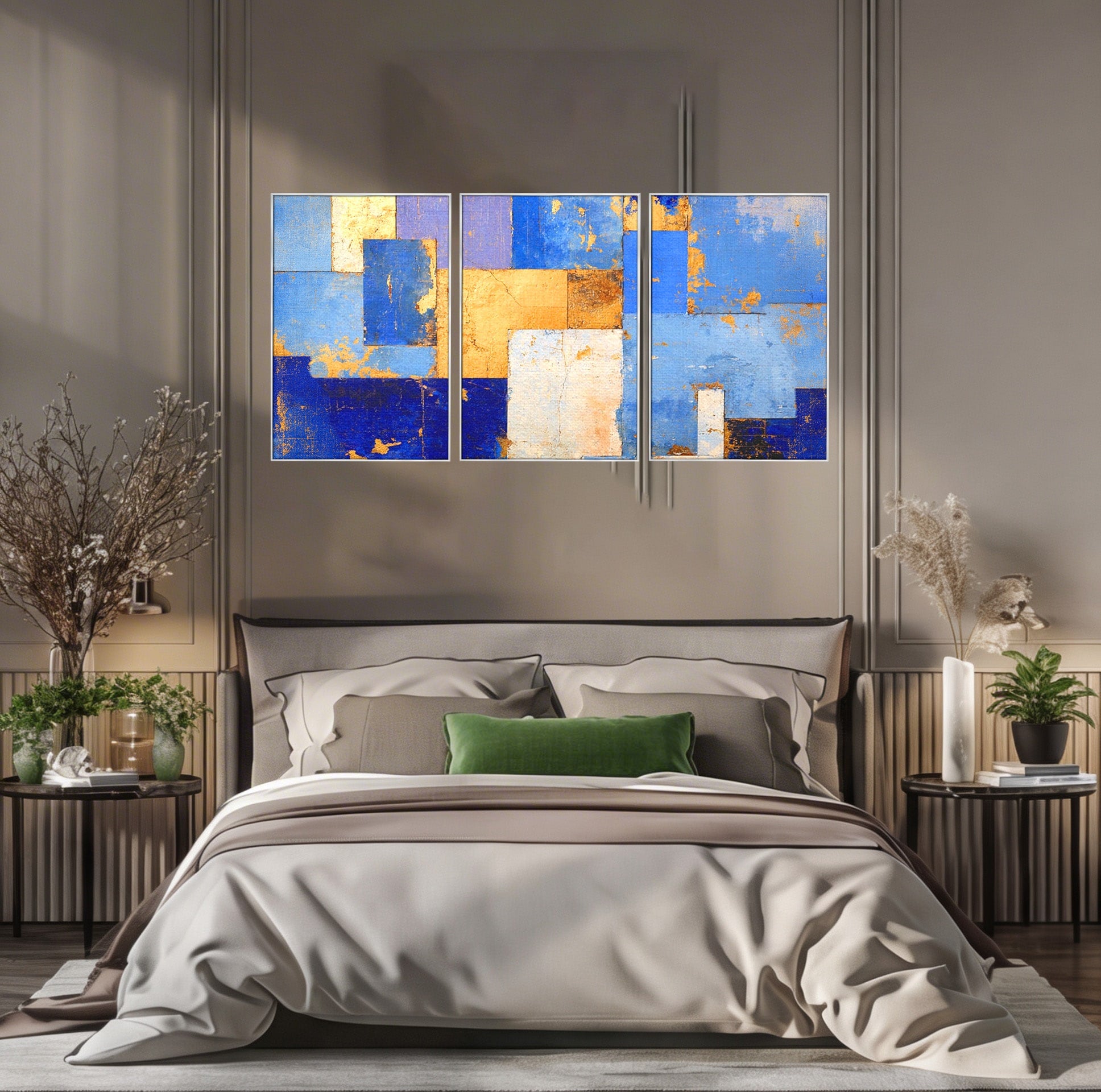 Set 3 Tablouri Canvas Premium LuxCanva® C3-1283, Aurul linistii albastre, Geometrie, Culori, Abstract, Albastru, Galben, Contrast, Delicatete, Pace, Seninatate, Estetica, Expozitie, Birou, Living, Dormitor