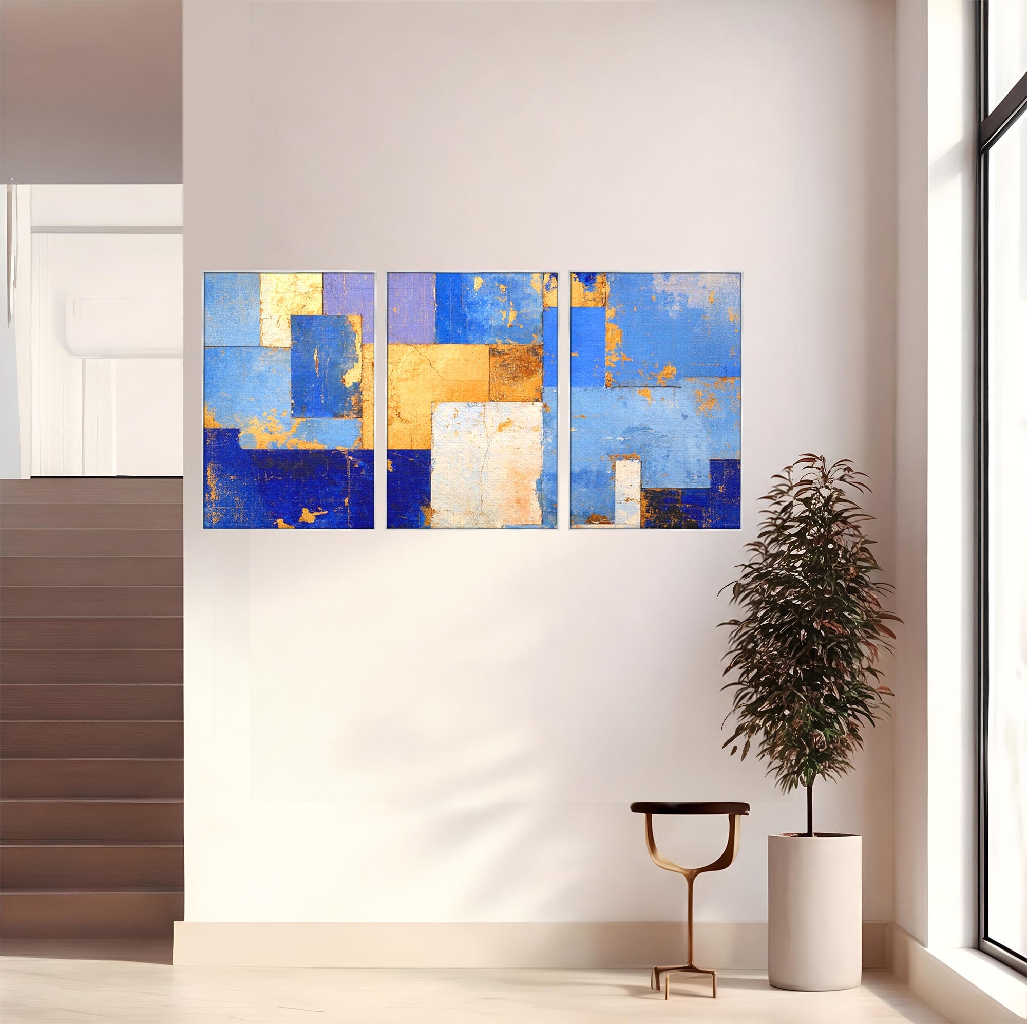 Set 3 Tablouri Canvas Premium LuxCanva® C3-1283, Aurul linistii albastre, Geometrie, Culori, Abstract, Albastru, Galben, Contrast, Delicatete, Pace, Seninatate, Estetica, Expozitie, Birou, Living, Dormitor