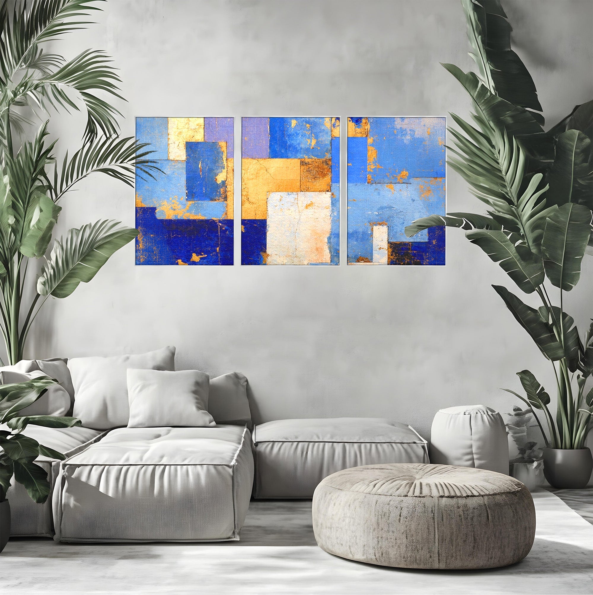 Set 3 Tablouri Canvas Premium LuxCanva® C3-1283, Aurul linistii albastre, Geometrie, Culori, Abstract, Albastru, Galben, Contrast, Delicatete, Pace, Seninatate, Estetica, Expozitie, Birou, Living, Dormitor