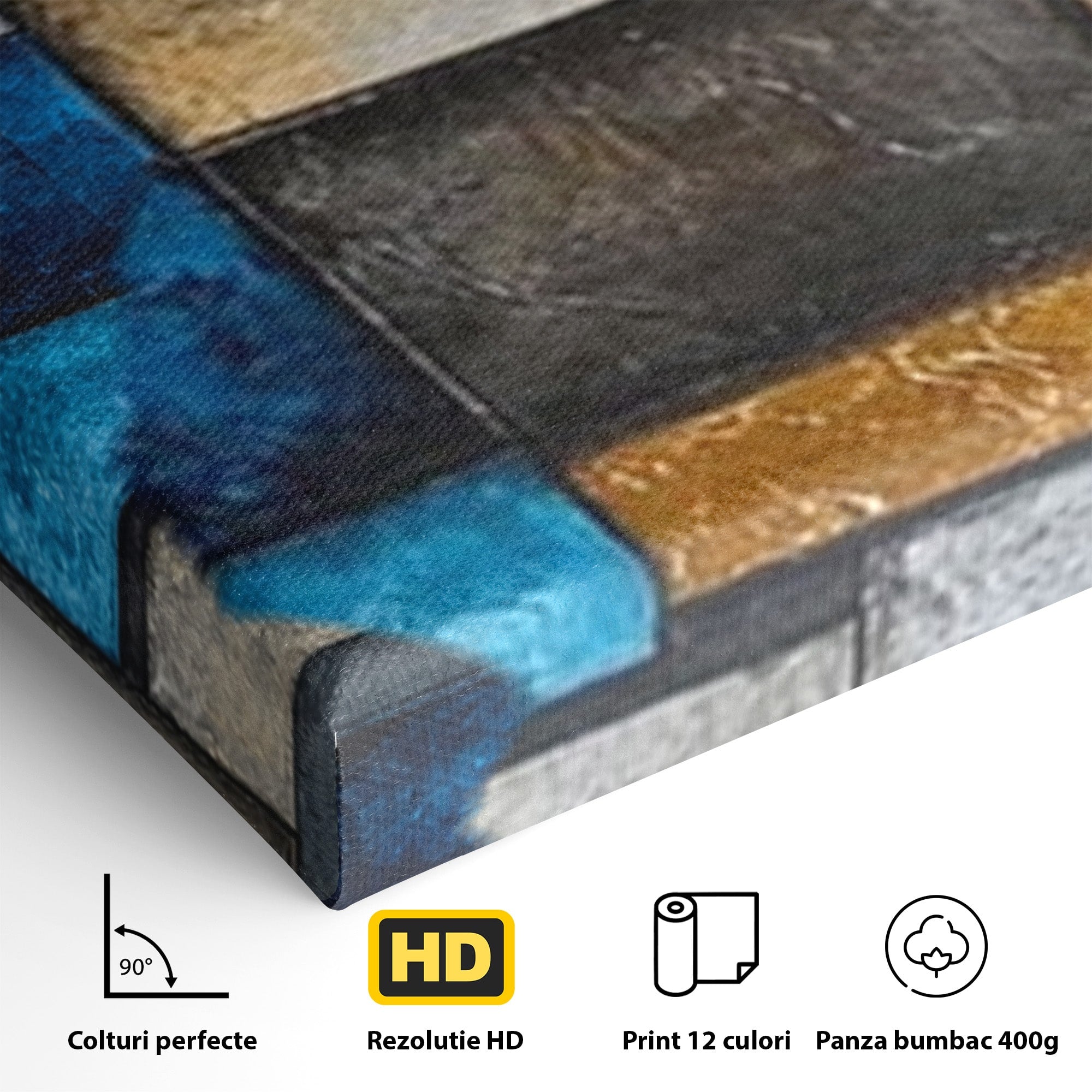 Set 3 Tablouri Canvas Premium LuxCanva® C3-1285, Aur printre ziduri, Geometrie, Culori, Abstract, Auriu, Albastru, Linii, Straturi, Constructie, Profunzime, Minimalist, Modernism, Birou, Living, Dormitor