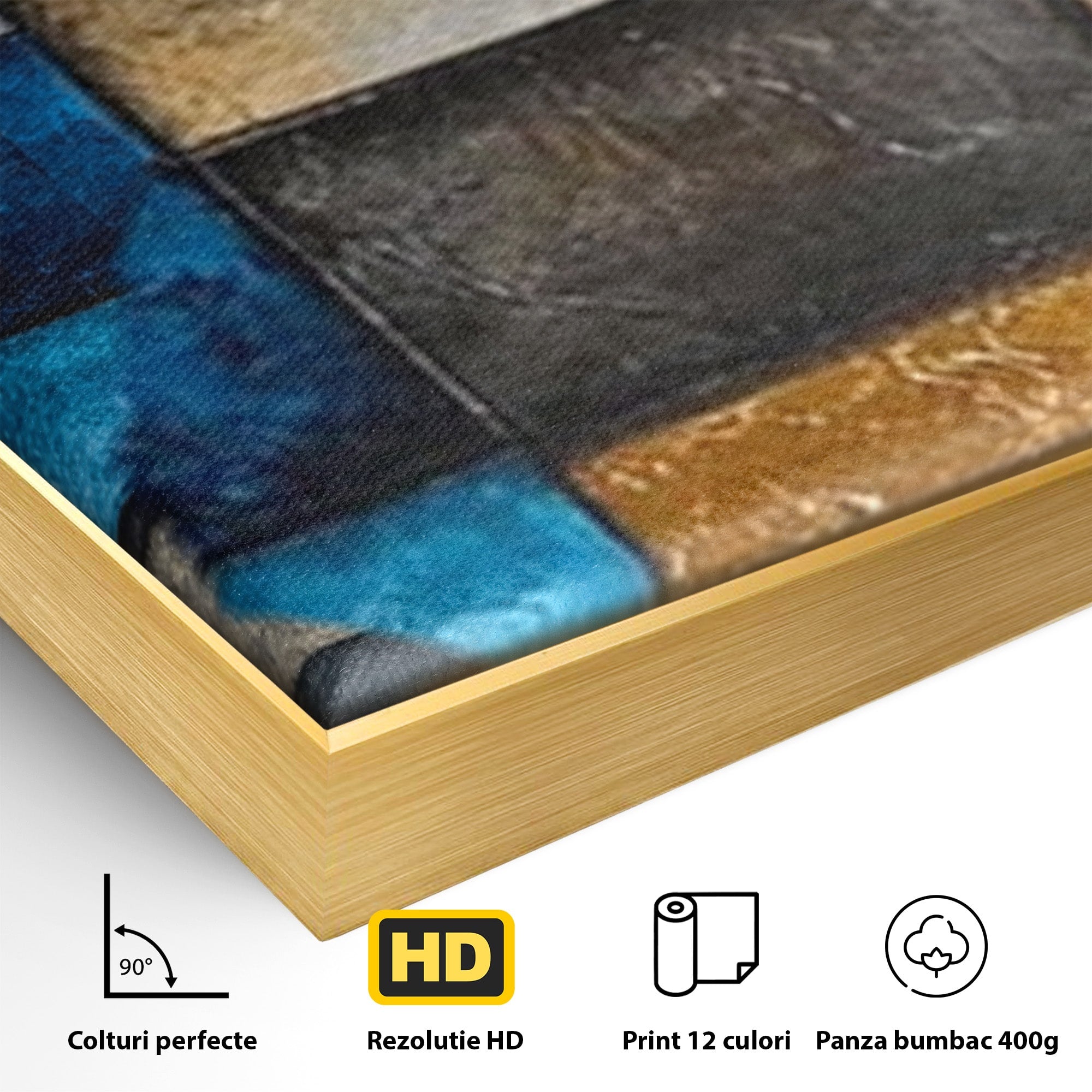 Set 3 Tablouri Canvas Premium LuxCanva® C3-1285, Aur printre ziduri, Geometrie, Culori, Abstract, Auriu, Albastru, Linii, Straturi, Constructie, Profunzime, Minimalist, Modernism, Birou, Living, Dormitor