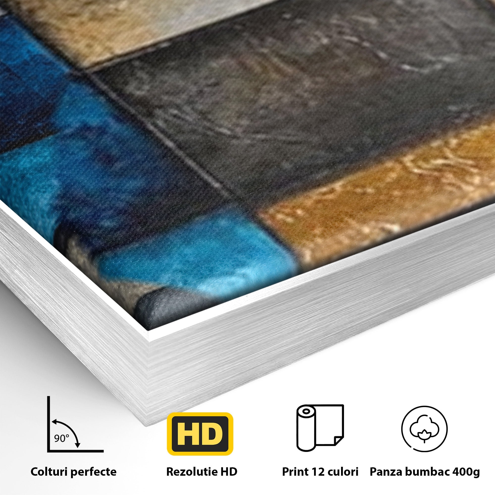 Set 3 Tablouri Canvas Premium LuxCanva® C3-1285, Aur printre ziduri, Geometrie, Culori, Abstract, Auriu, Albastru, Linii, Straturi, Constructie, Profunzime, Minimalist, Modernism, Birou, Living, Dormitor