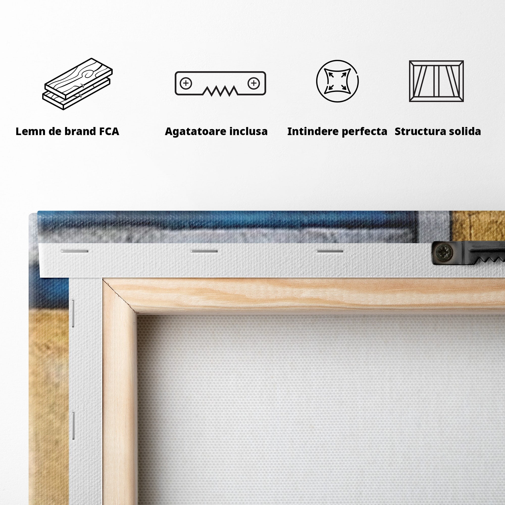 Set 3 Tablouri Canvas Premium LuxCanva® C3-1285, Aur printre ziduri, Geometrie, Culori, Abstract, Auriu, Albastru, Linii, Straturi, Constructie, Profunzime, Minimalist, Modernism, Birou, Living, Dormitor